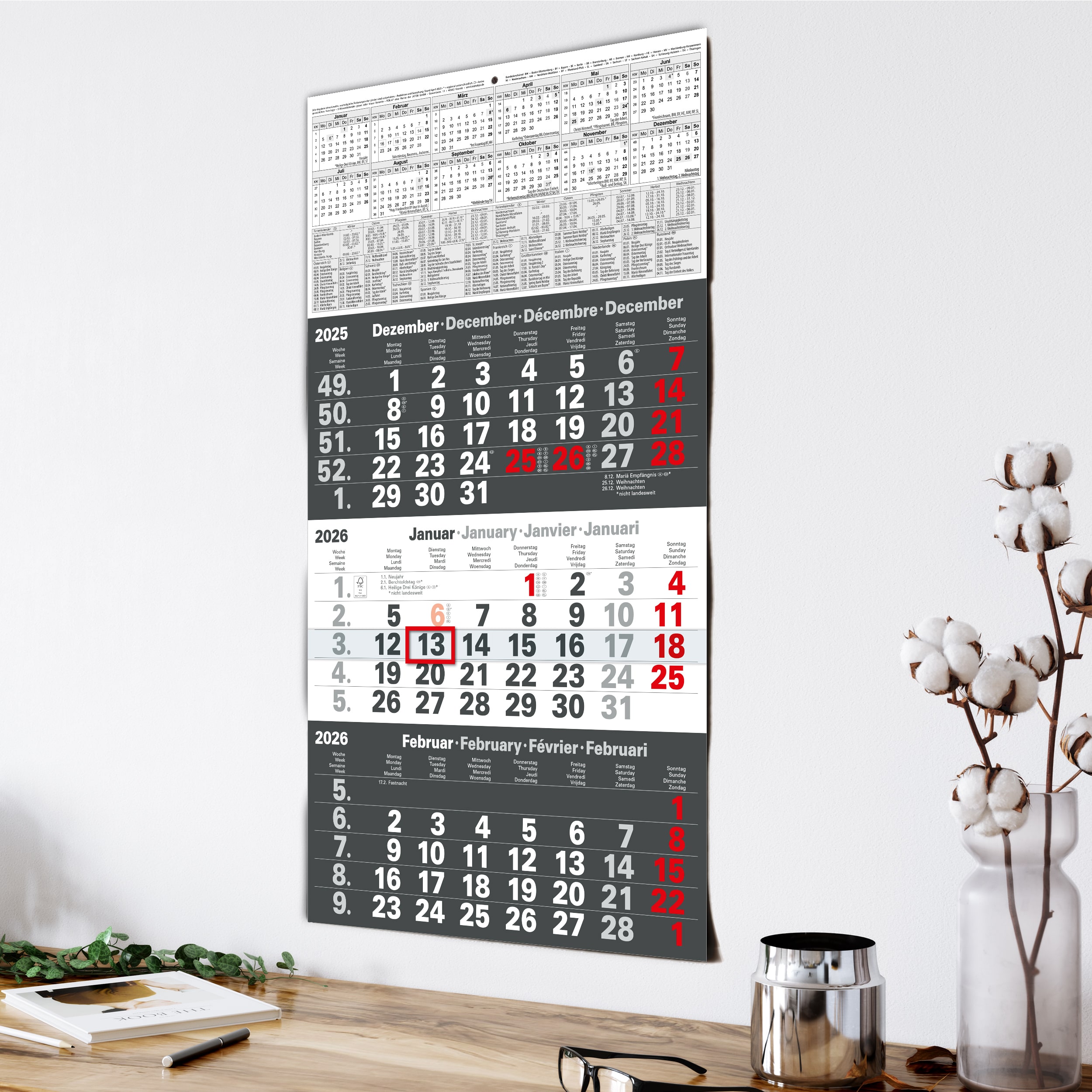 3-Monatskalender 2026 Anthrazit