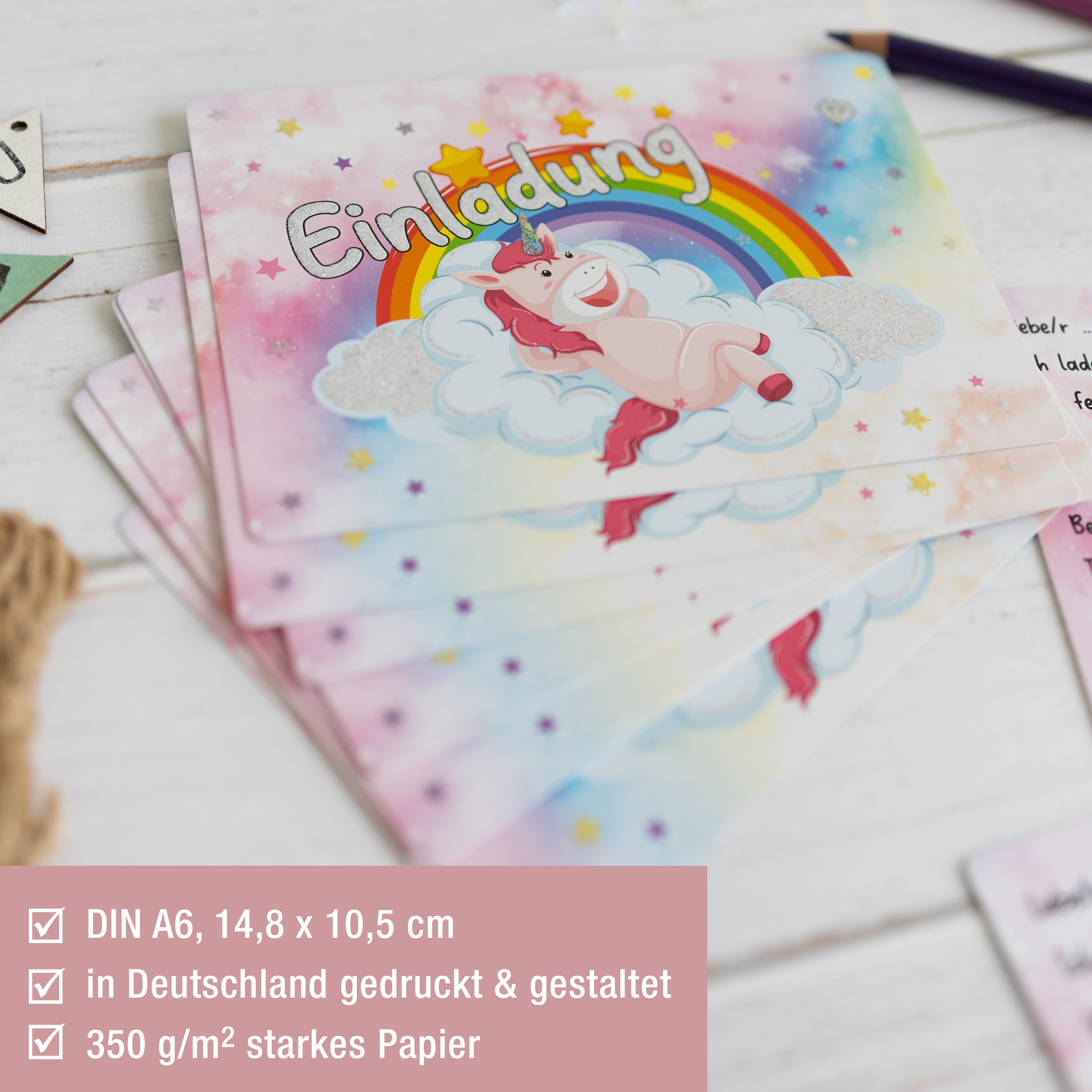 12 Einladungskarten Kindergeburtstag "Glitzer Einhorn"