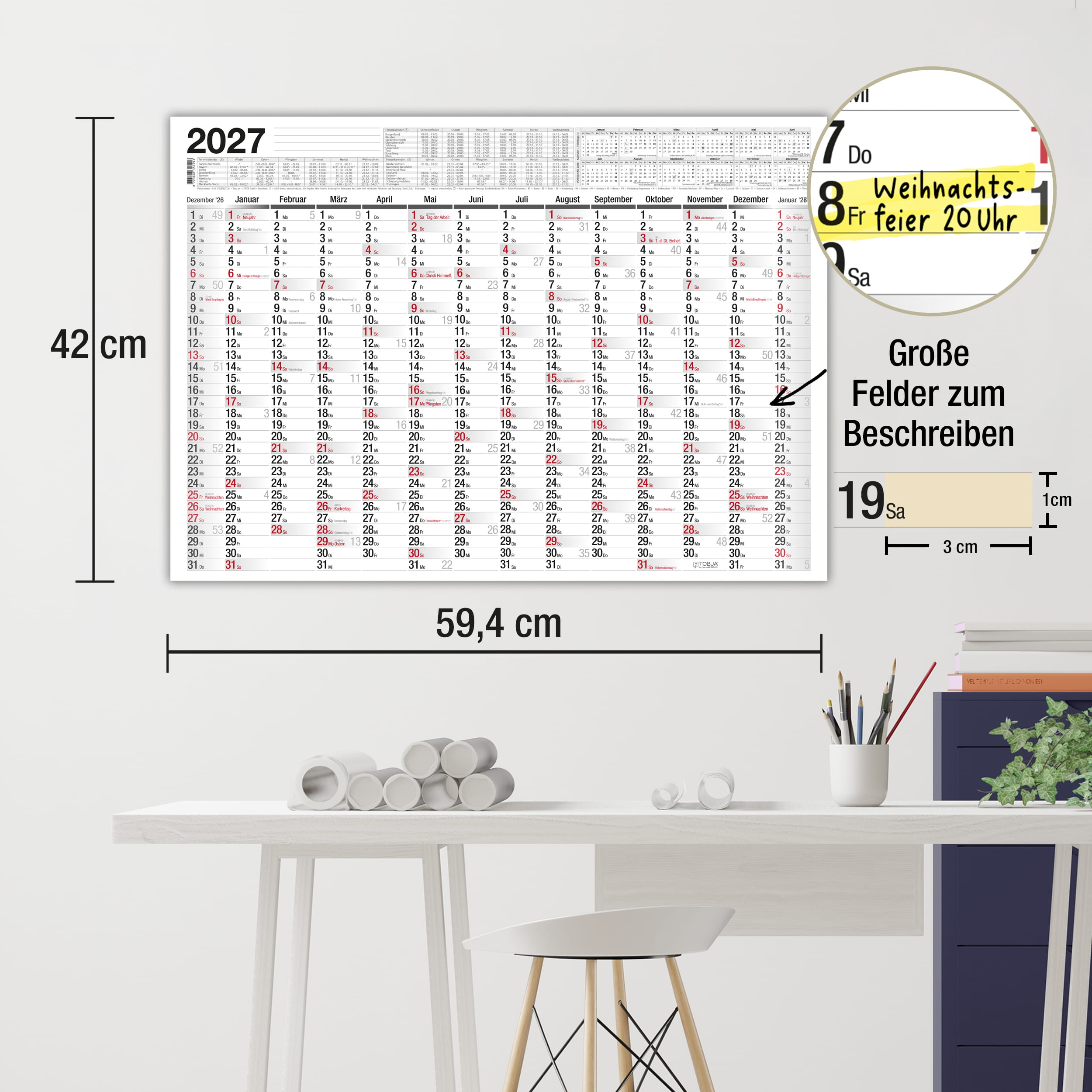 A2 abwischbar Plakatkalender 2027 inkl. 4 Stifte
