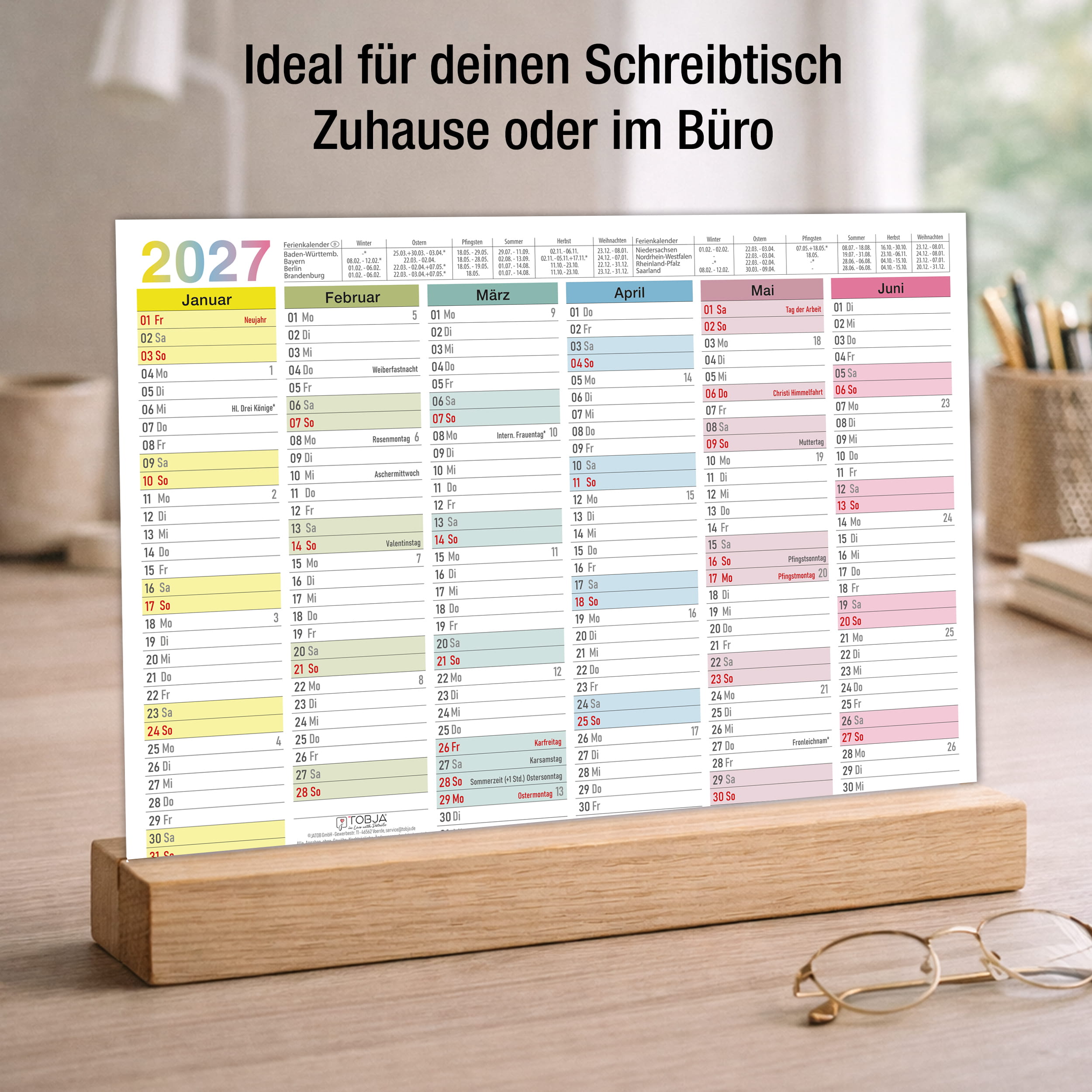 Abwischbarer A4 Tafelkalender 2026 "Bunt"  Kalender inkl 4 Stifte