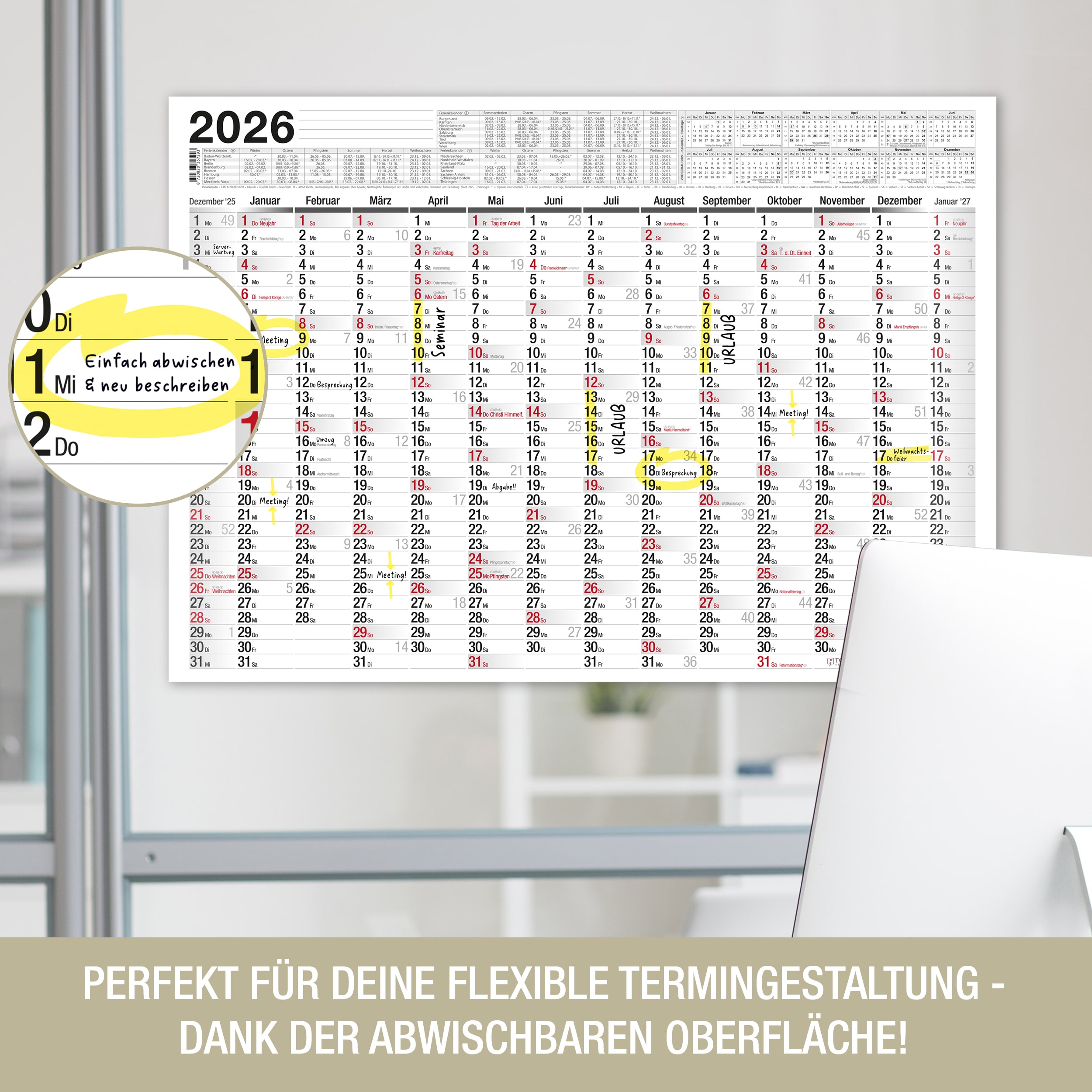 Abwischbarer Wandkalender 2026 A2 inkl. 1 Markenstift