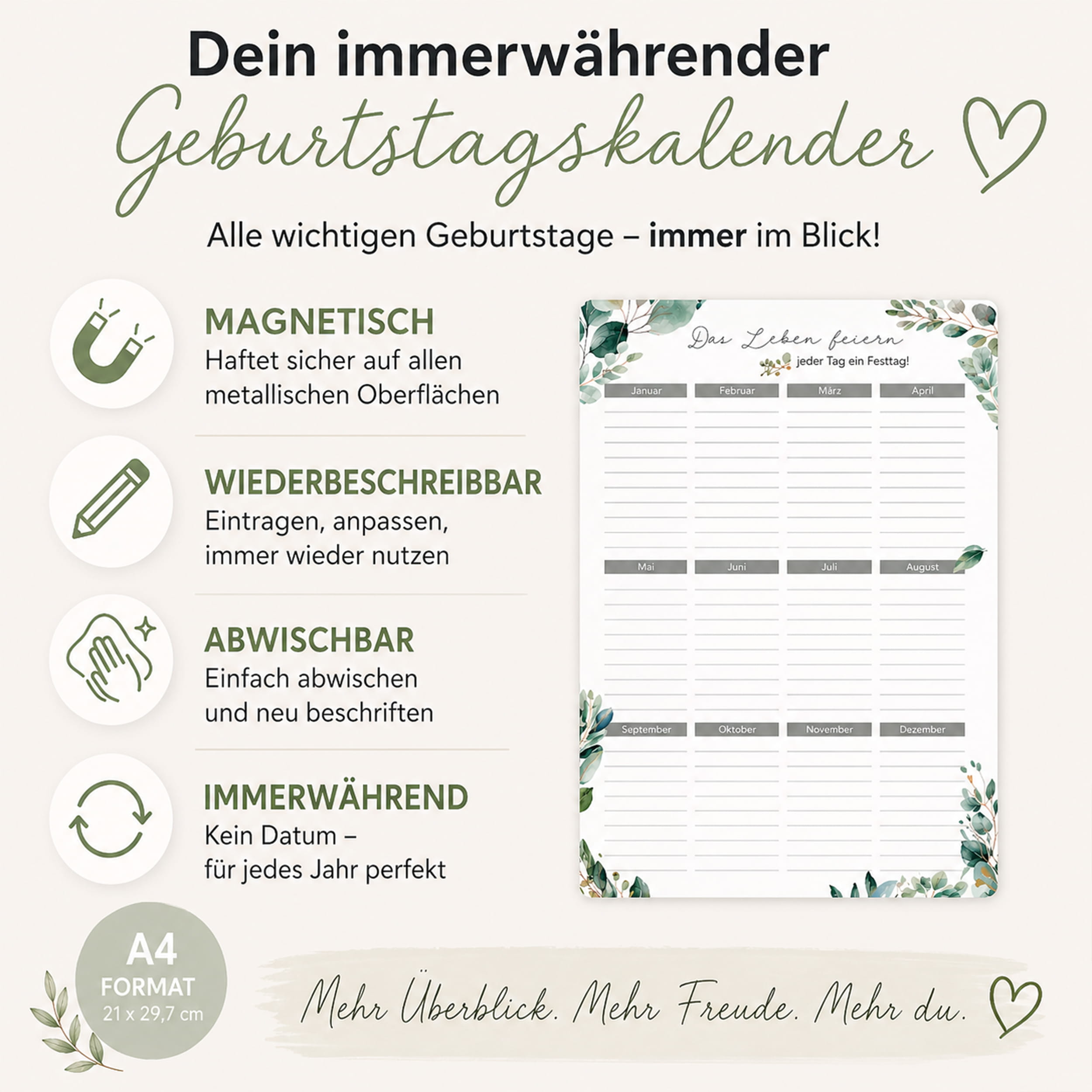 Geburtstagskalender magnetisch A4 Eukalyptus