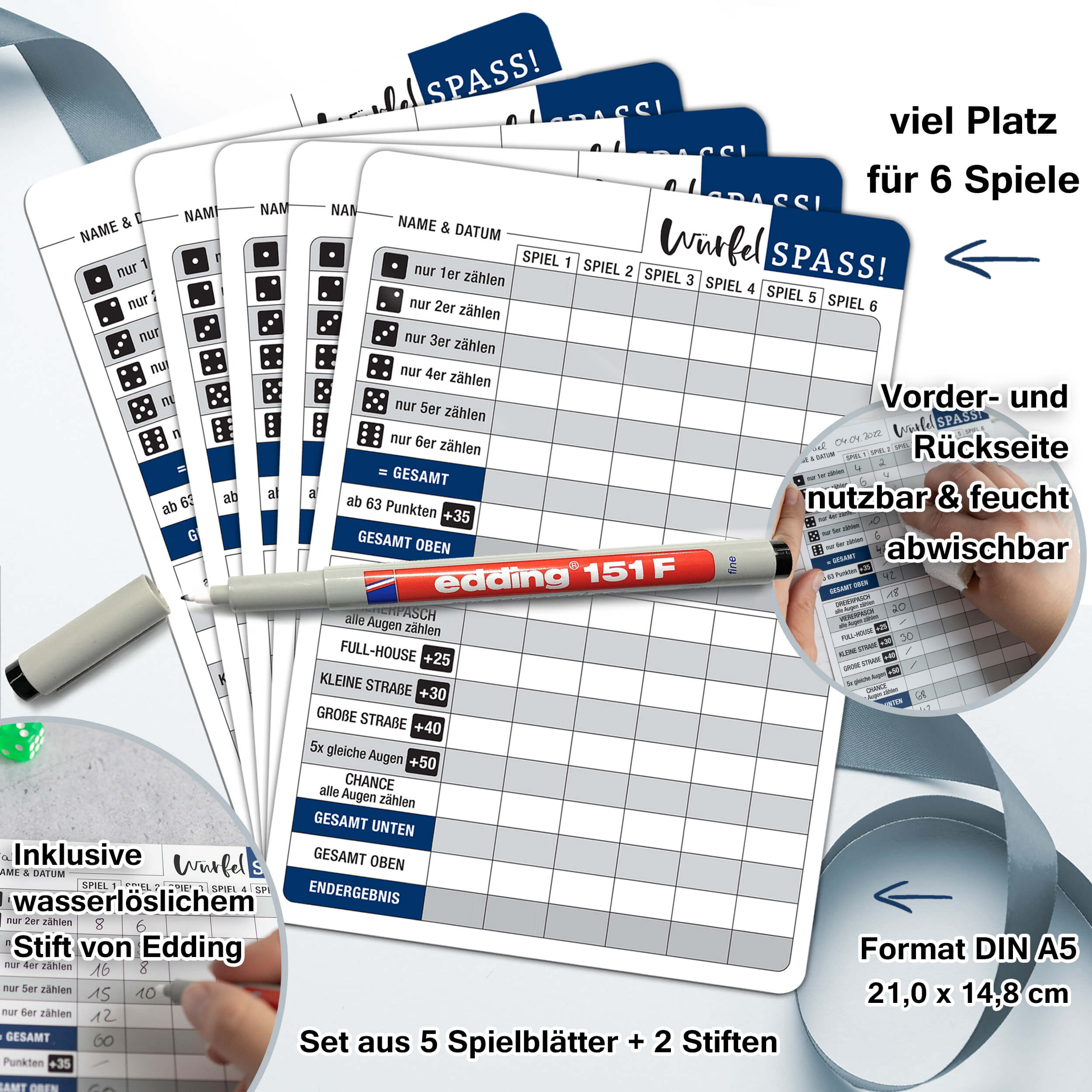 Würfelspiel 5er Set abwischbar "re-use"