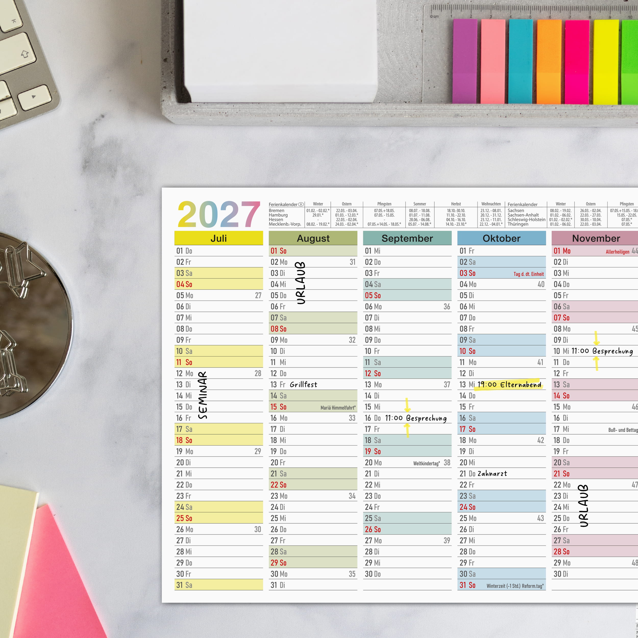 Abwischbarer A4 Tafelkalender 2026 "Bunt"  Kalender inkl 4 Stifte