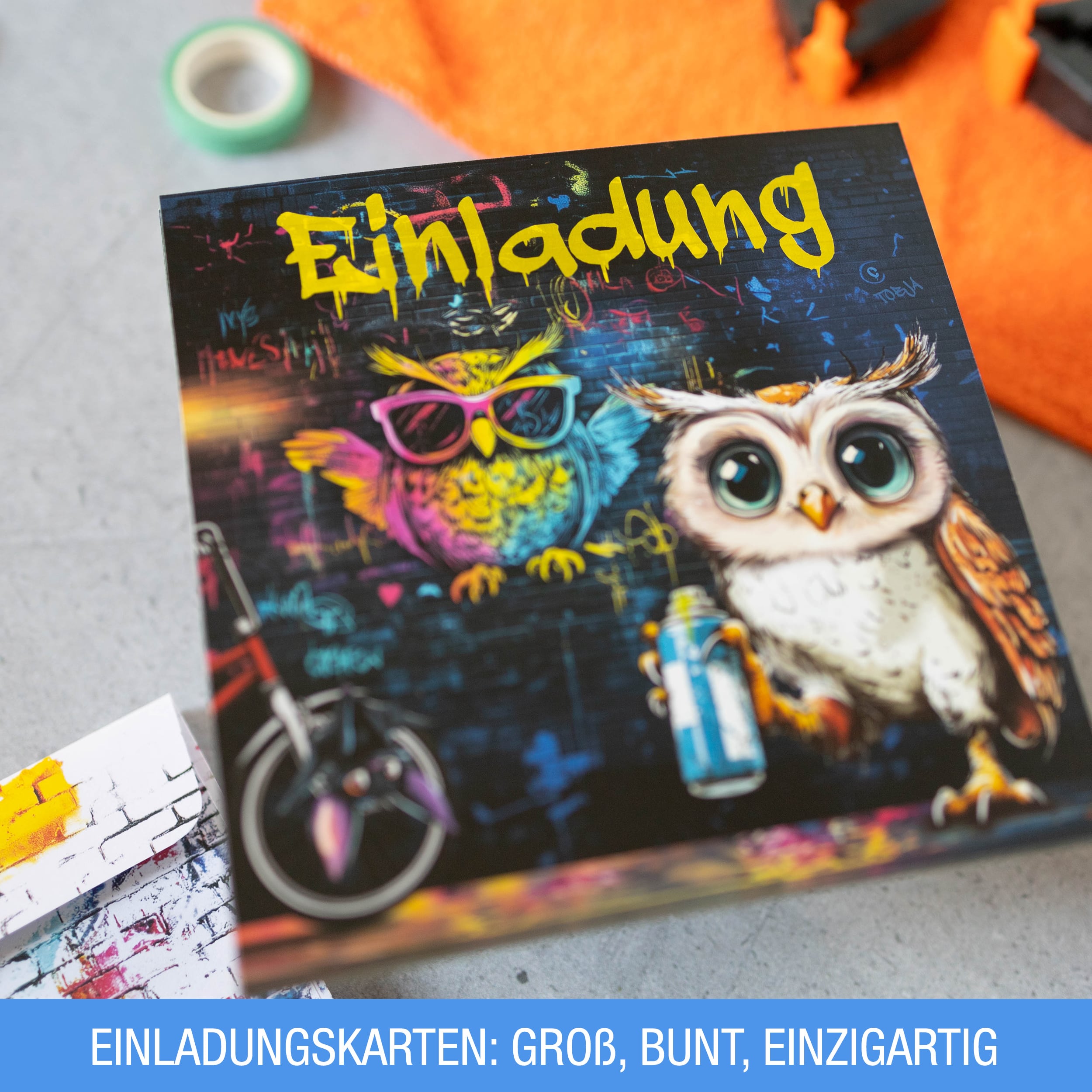 Einladungskarten Eule Graffiti inkl. Sticker 10er Set