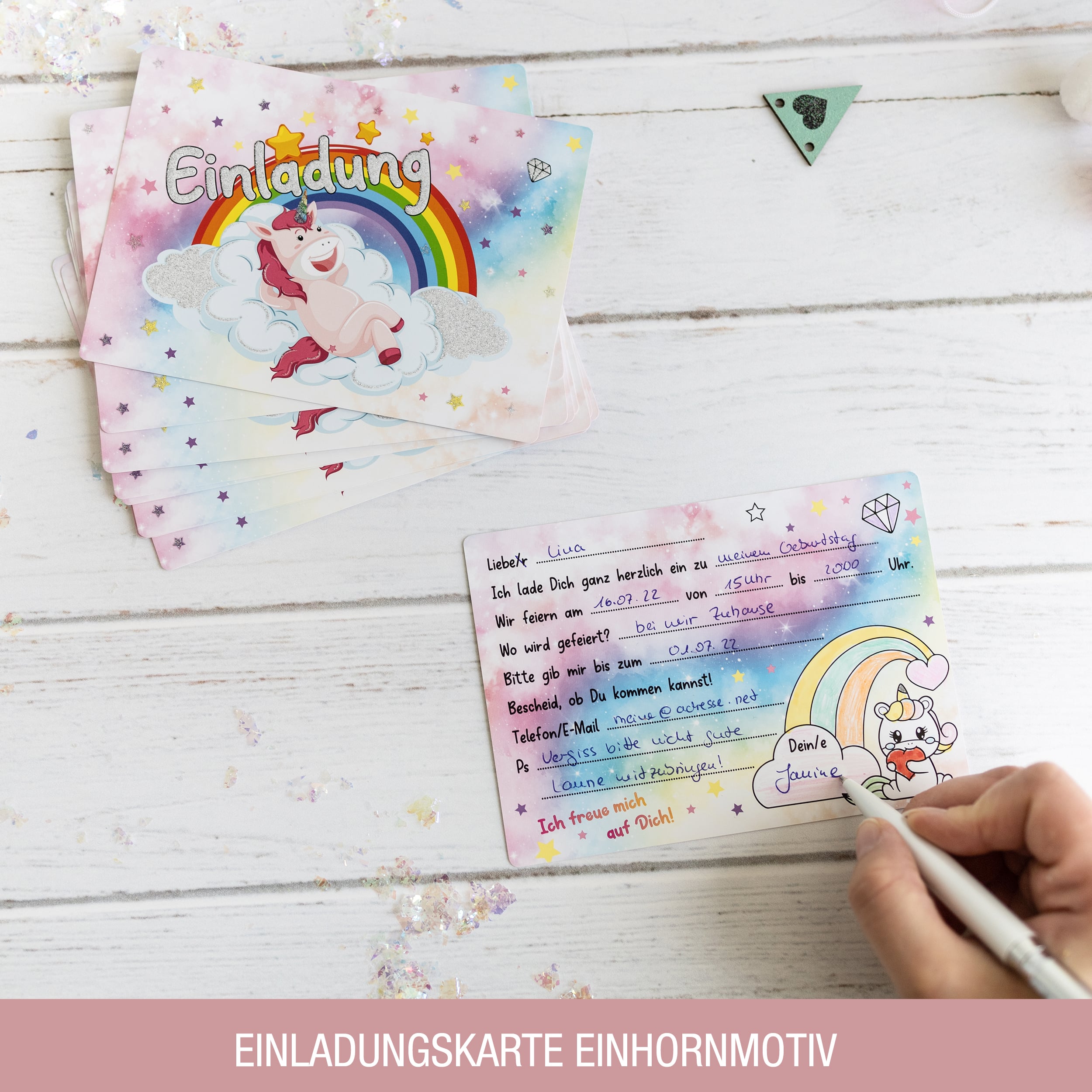 12 Einladungskarten Kindergeburtstag "Glitzer Einhorn"