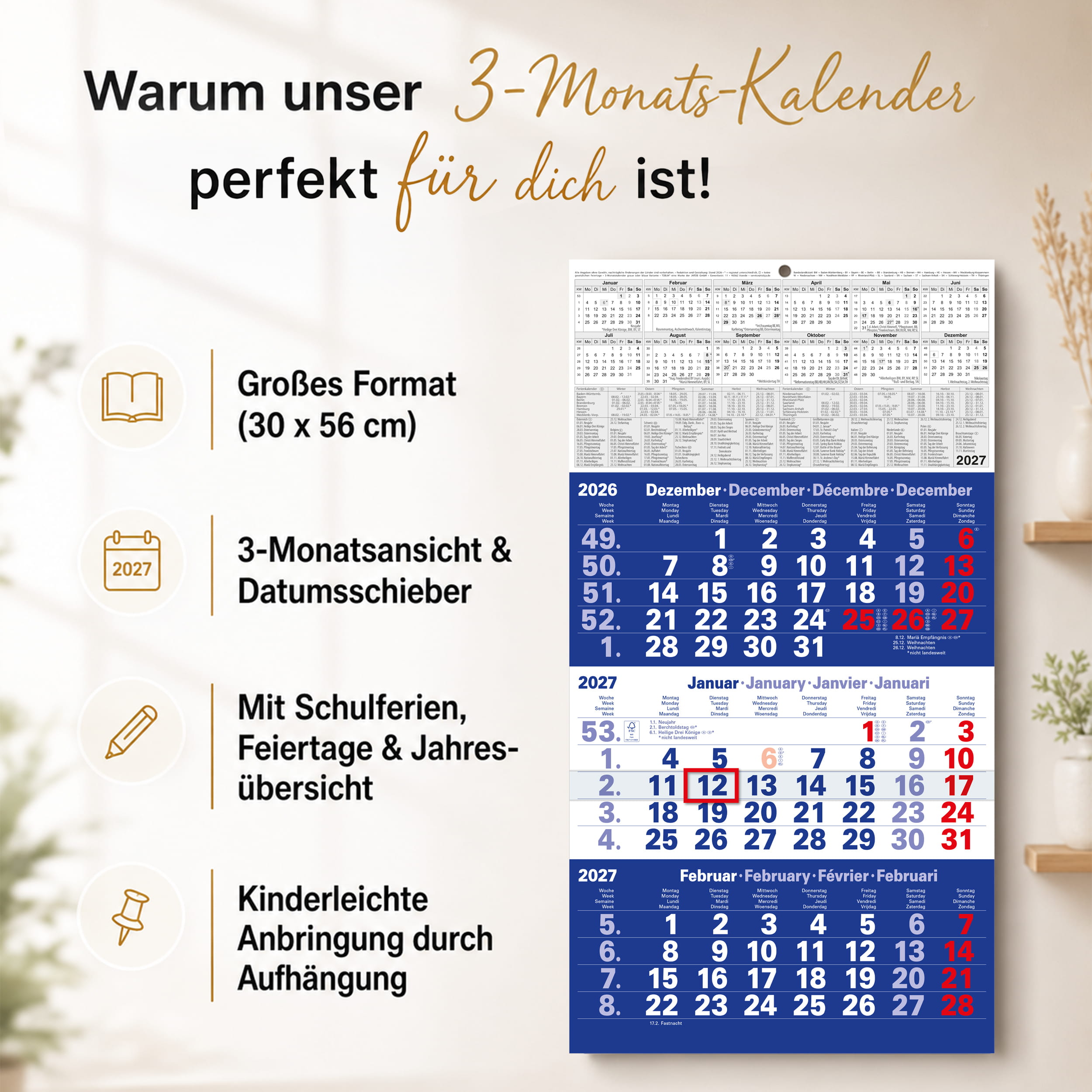 3-Monatskalender 2027 Blau 30x56