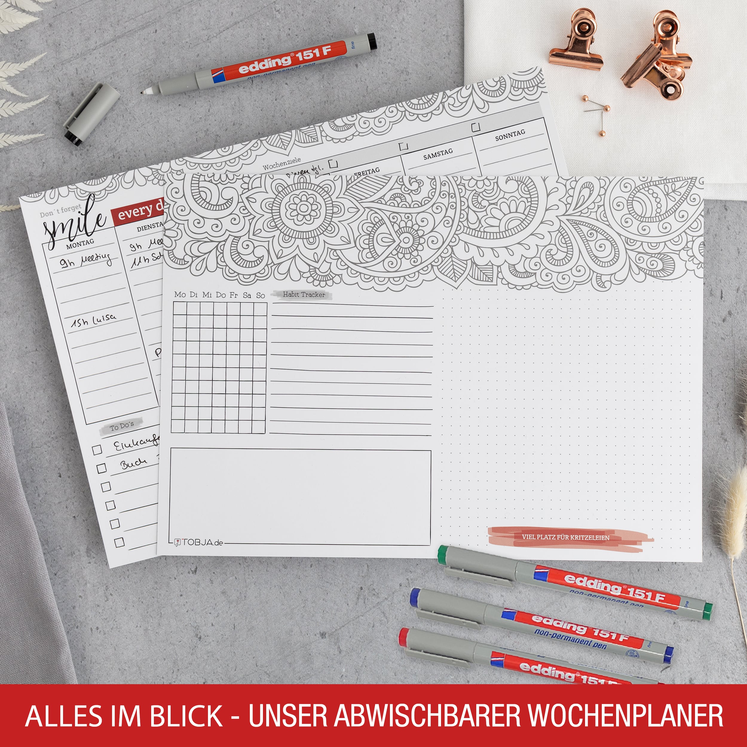 Abwischbarer Wochenplaner inkl 4 Stifte