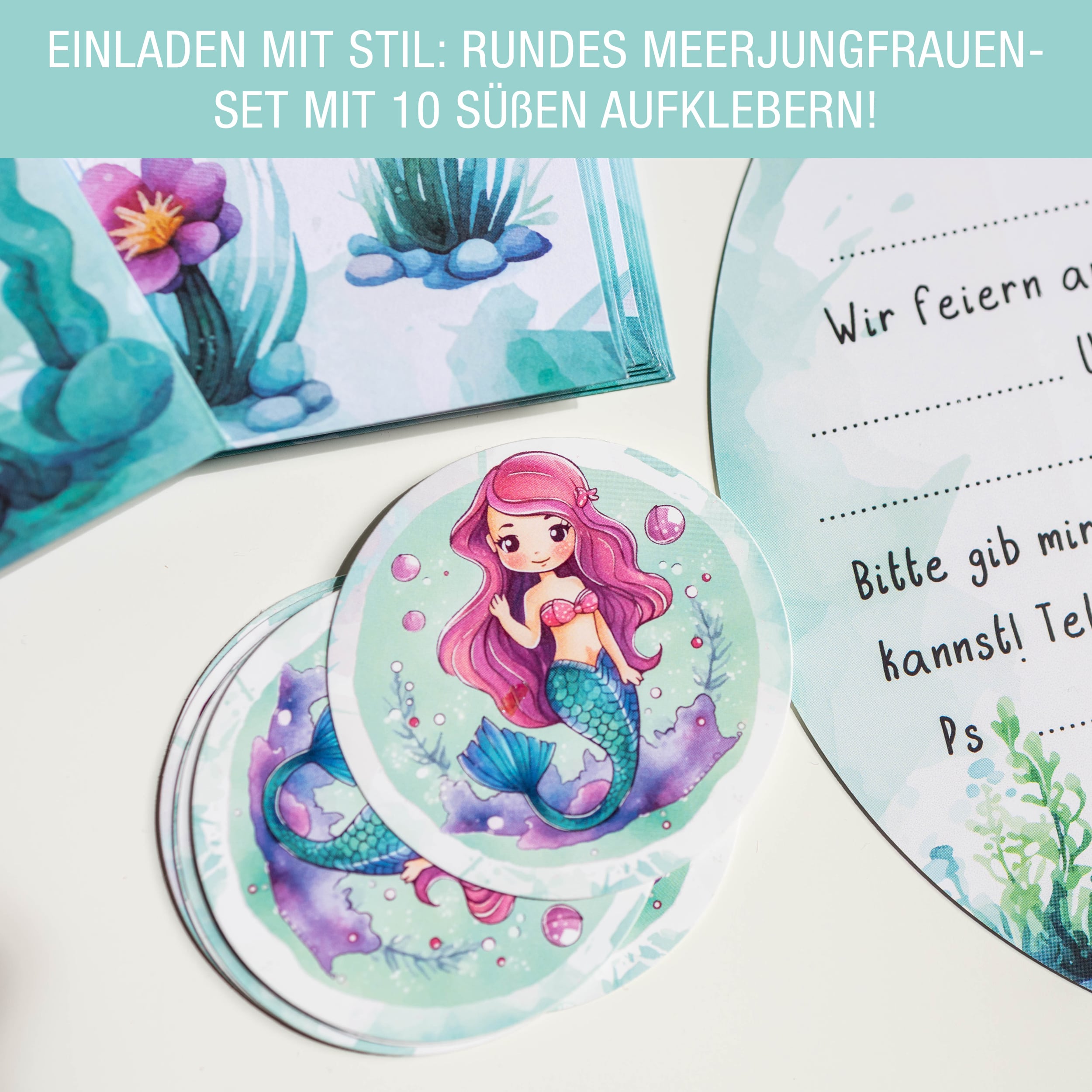 Einladungskarten Meerjungfrau inkl. Sticker 10er Set
