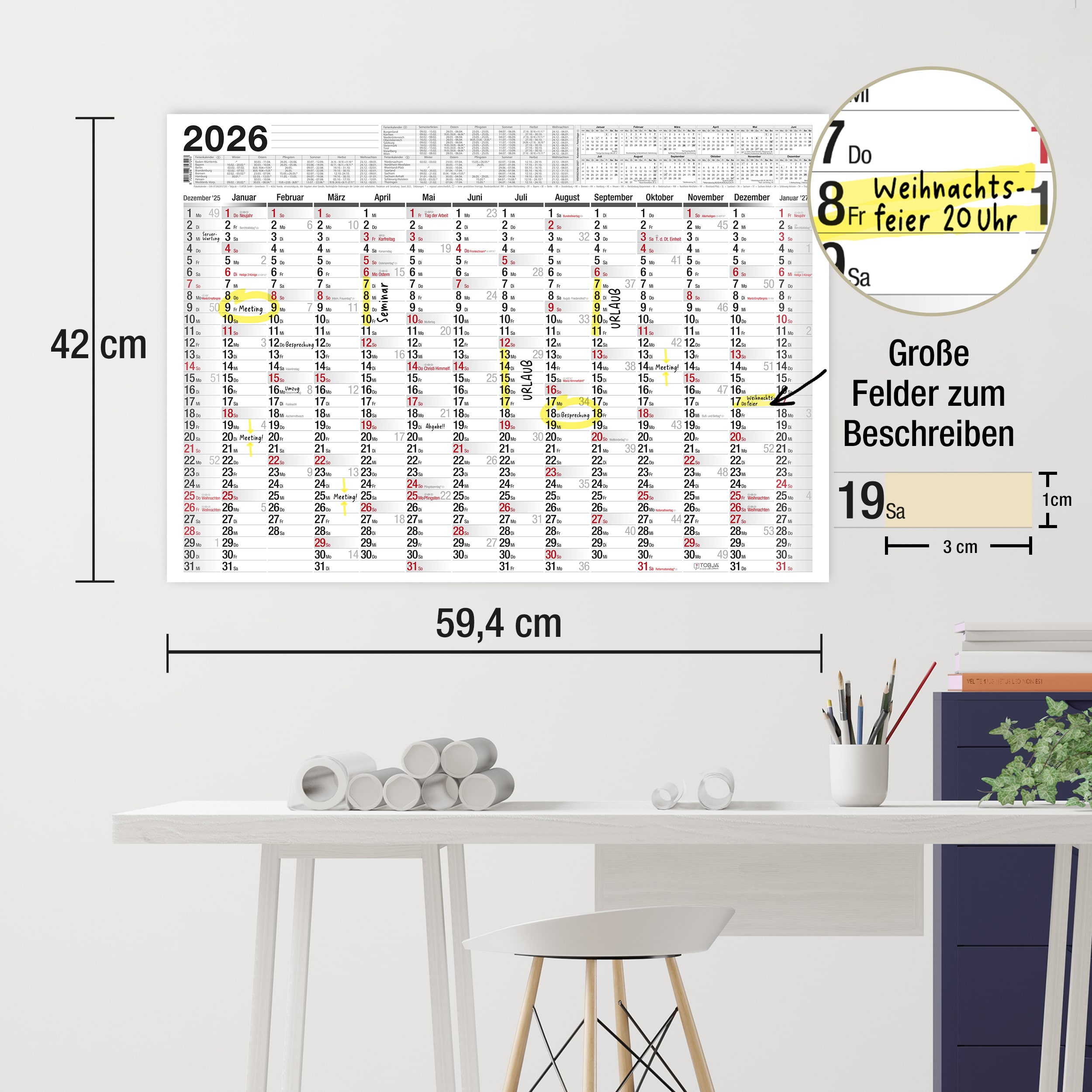 Abwischbarer Wandkalender 2026 A2 inkl. 1 Markenstift