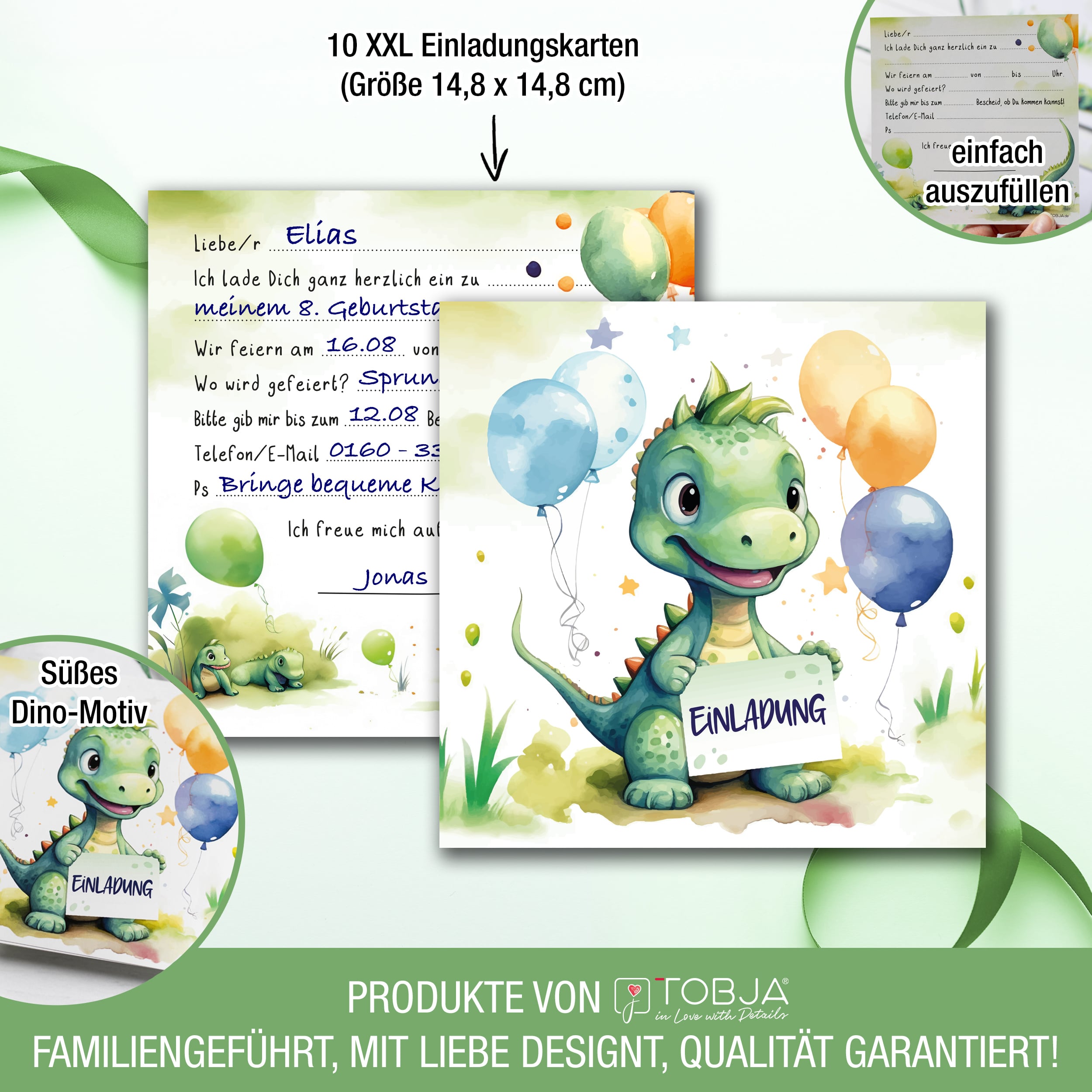 Einladungskarten Dino inkl. Sticker 10er Set