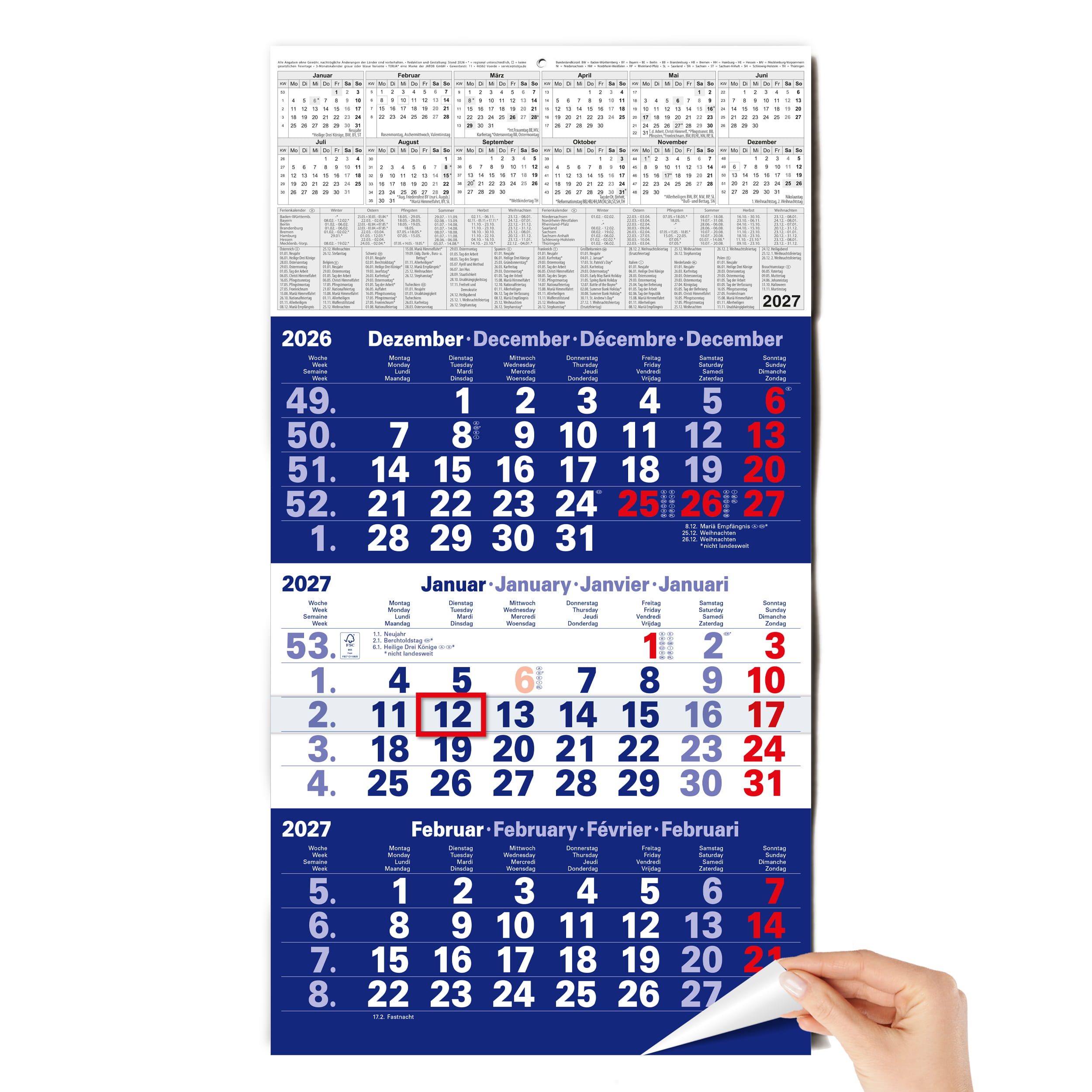 3-Monatskalender 2027 Blau 30x56
