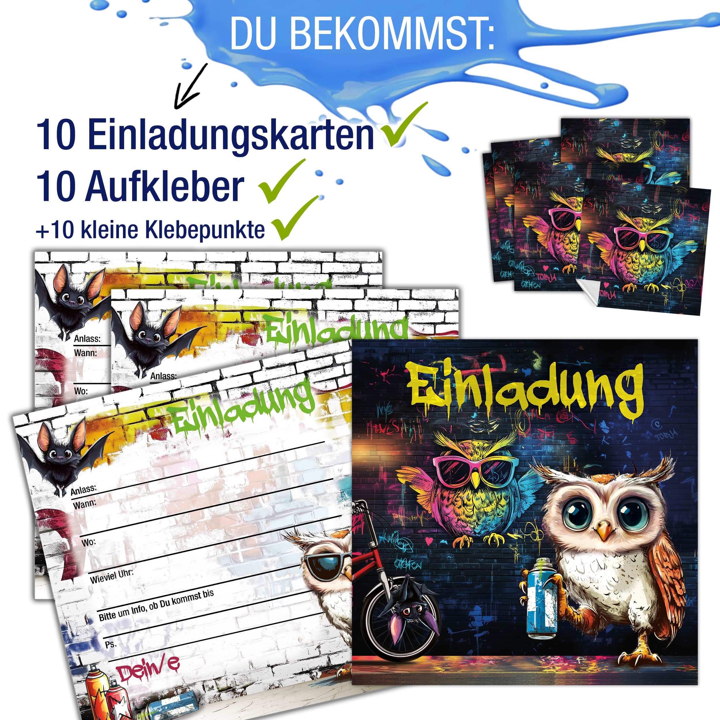 Einladungskarten Eule Graffiti inkl. Sticker 10er Set