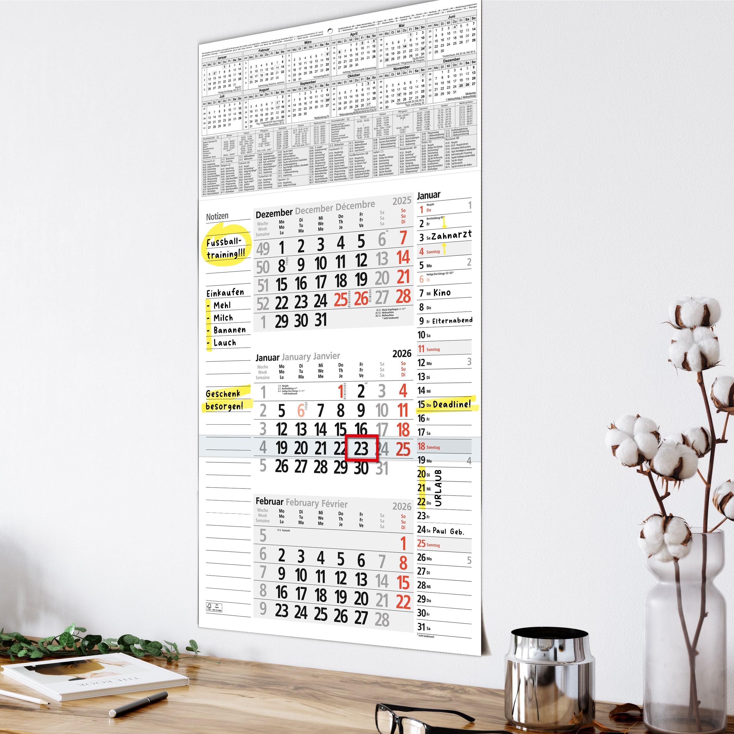 3-Monatskalender 2026 Notizen