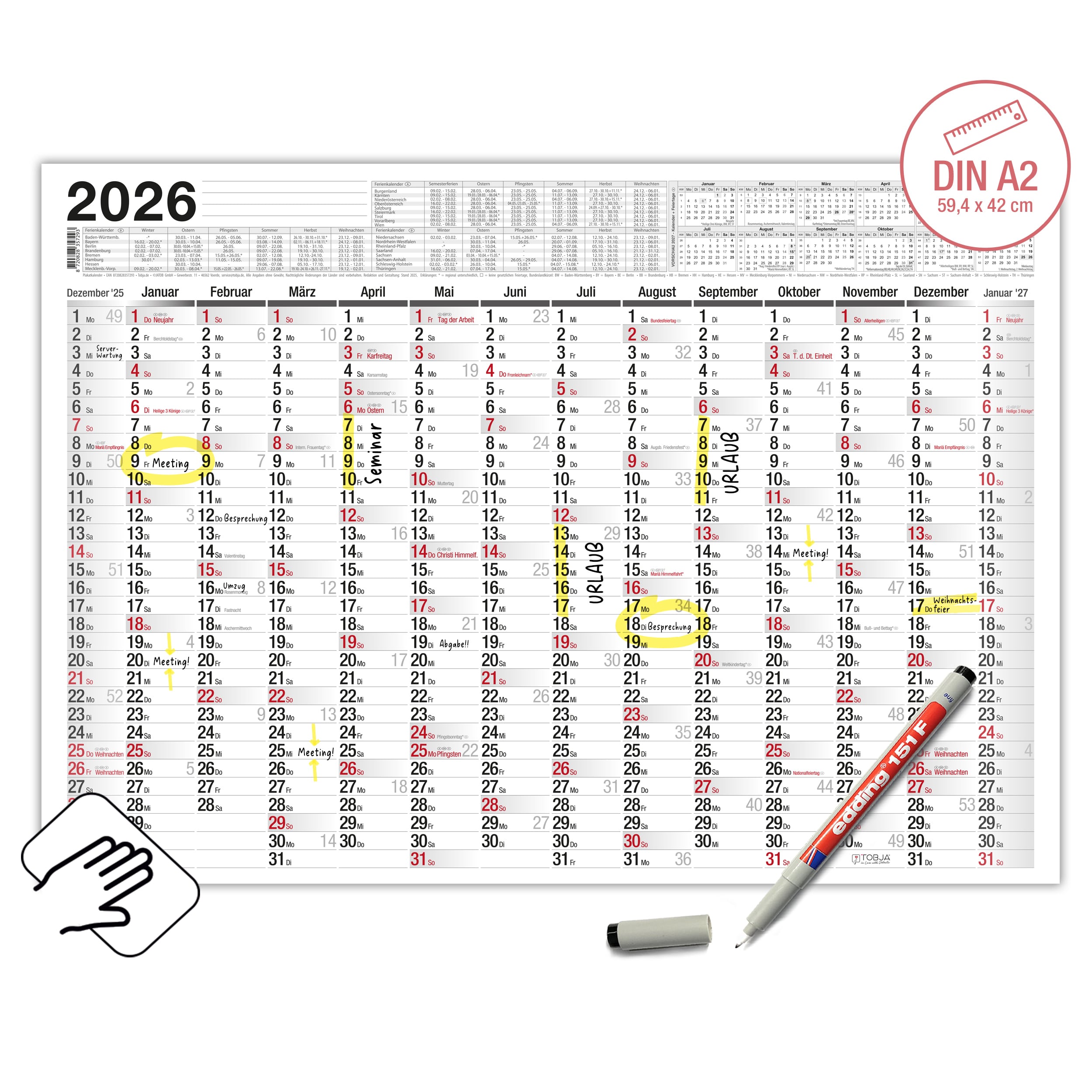 Abwischbarer Wandkalender 2026 A2 inkl. 1 Markenstift