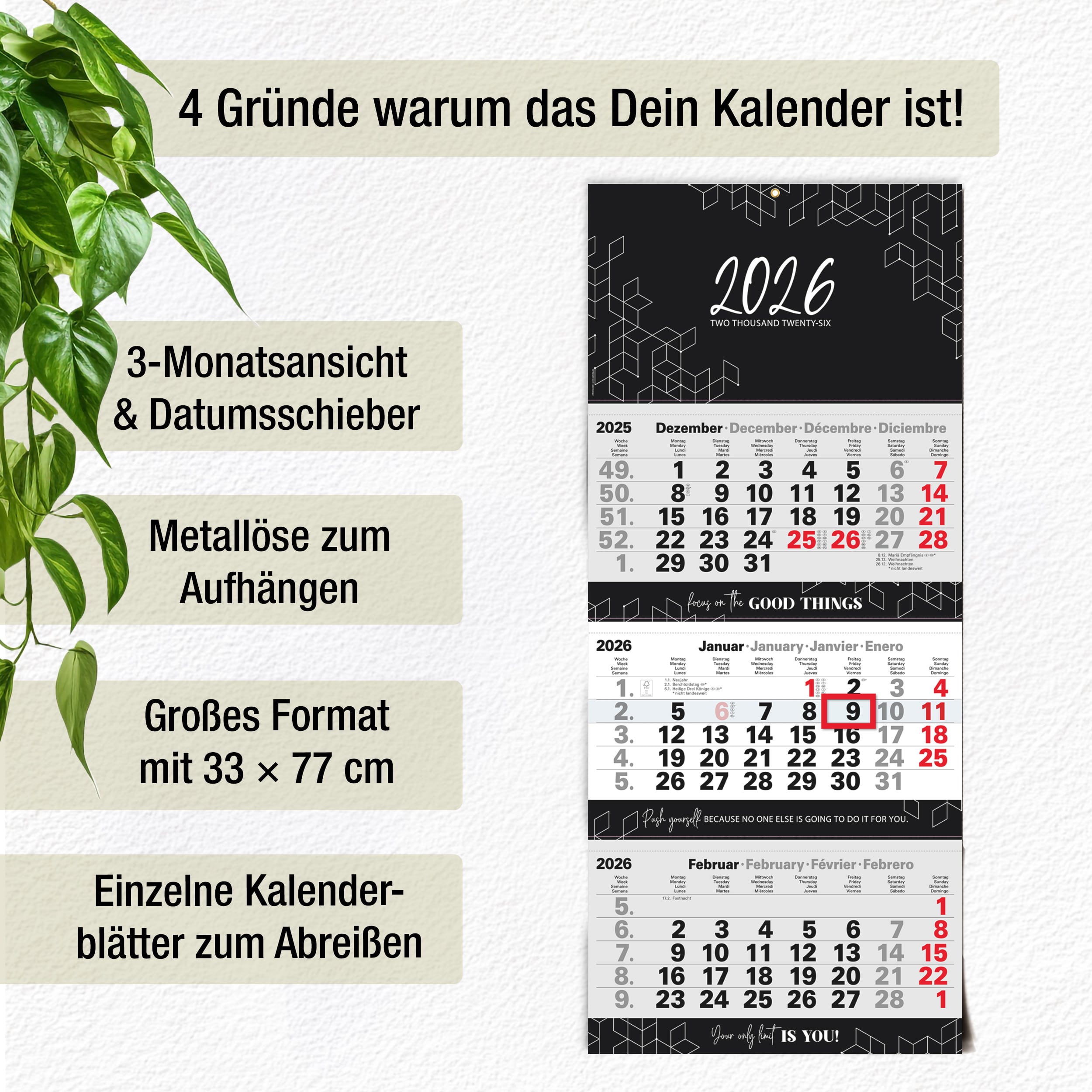 3-Monatskalender 2026 Block Schwarz