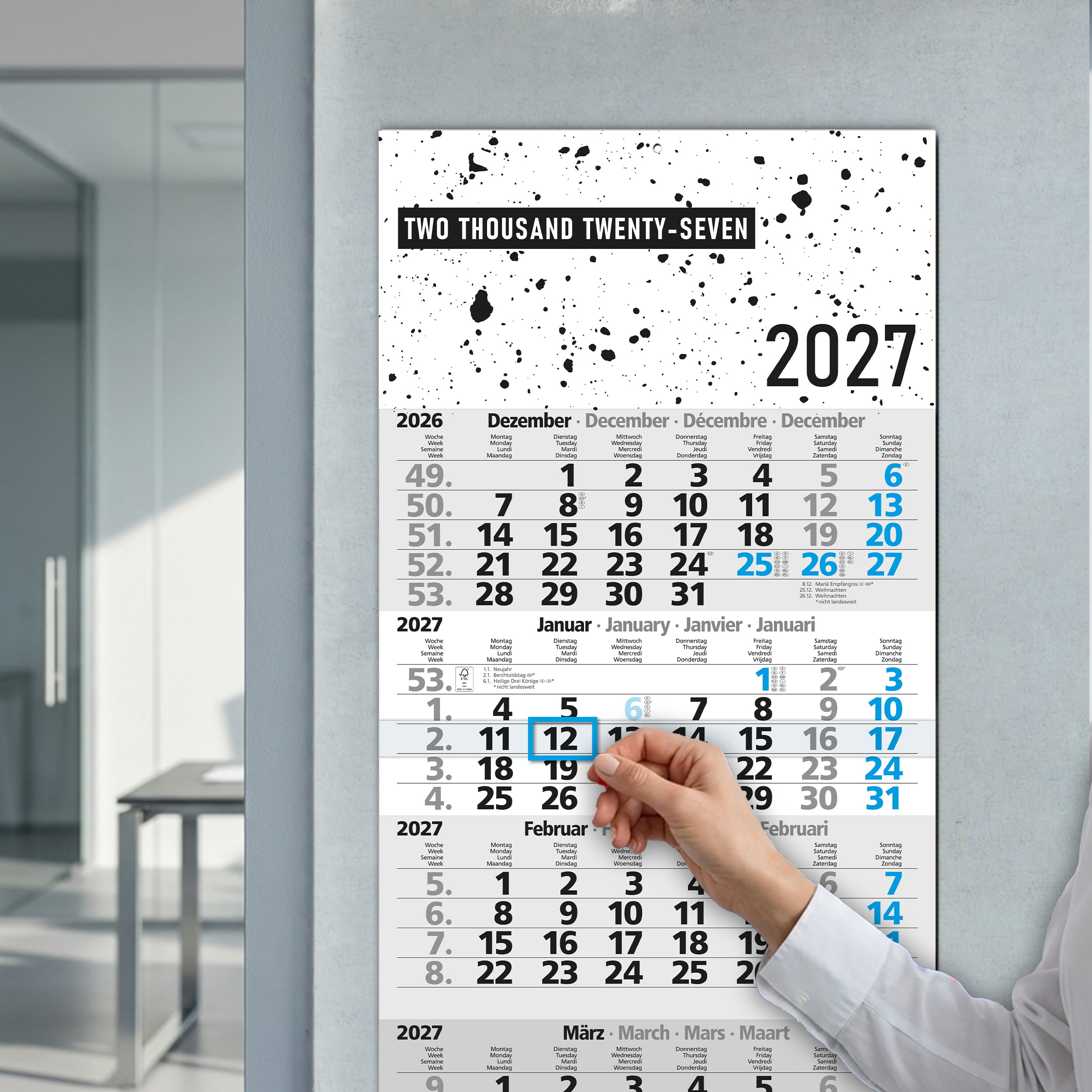 4-Monatskalender 2027 Design Splatter Blau