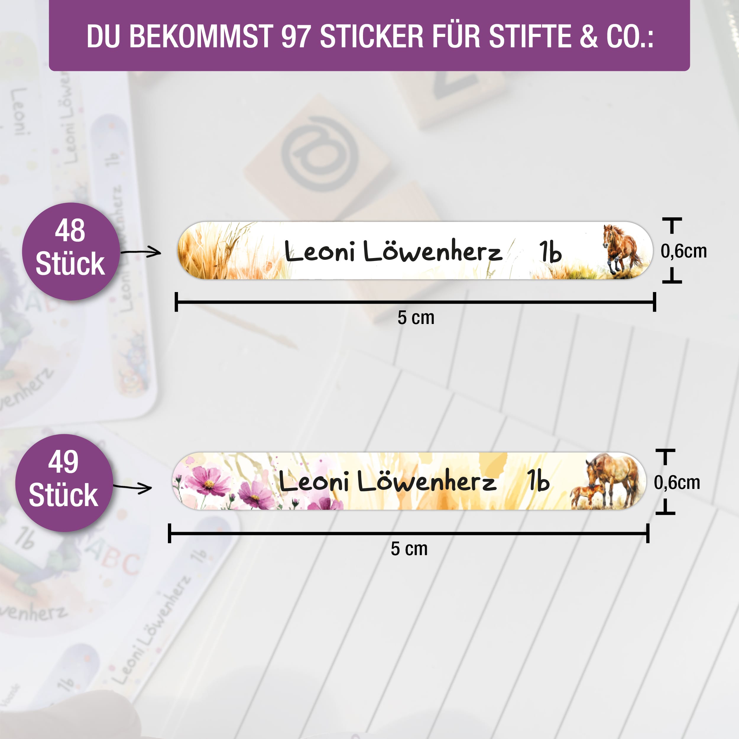 Namensaufkleber für Stifte, personalisiert Pferd