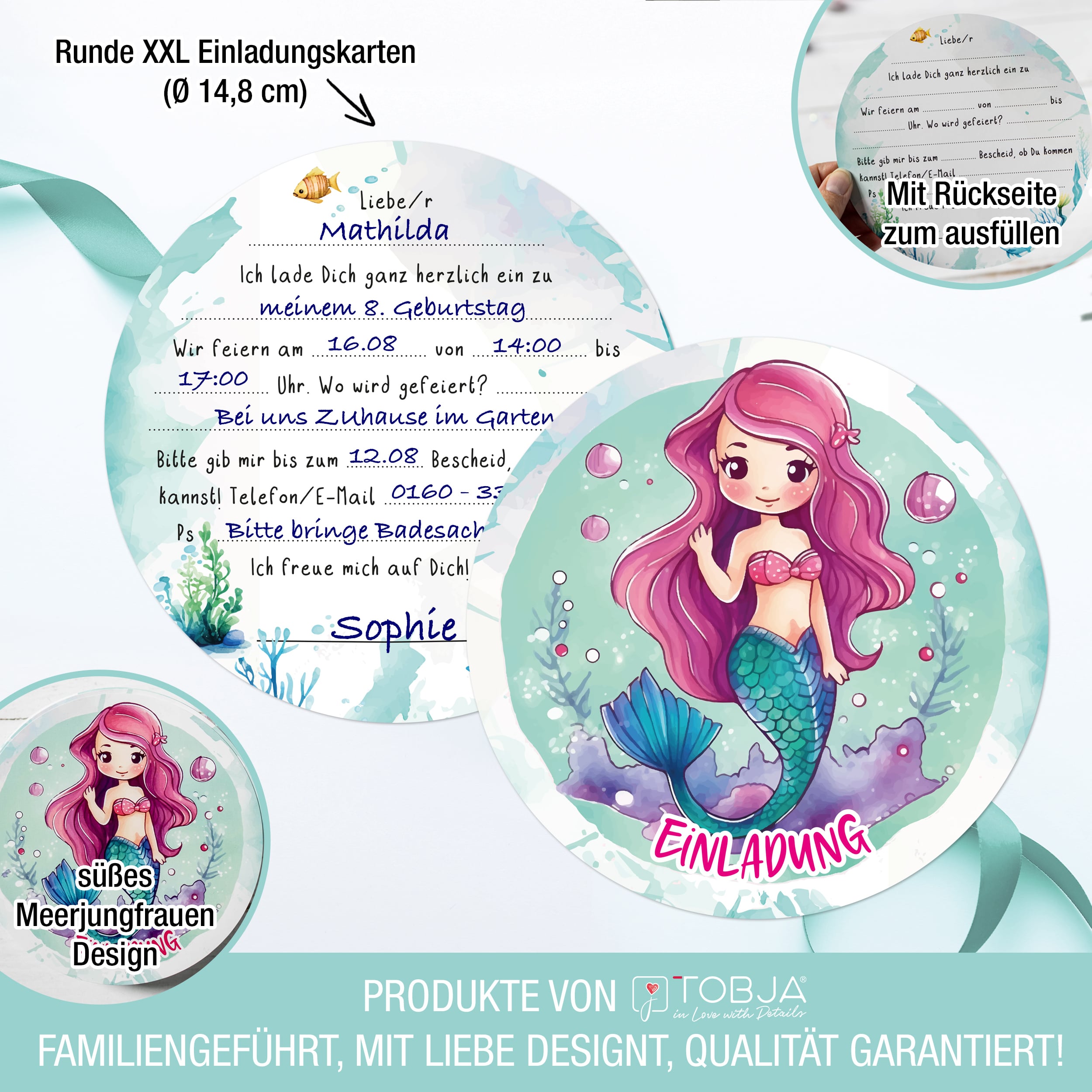 Einladungskarten Meerjungfrau inkl. Sticker 10er Set