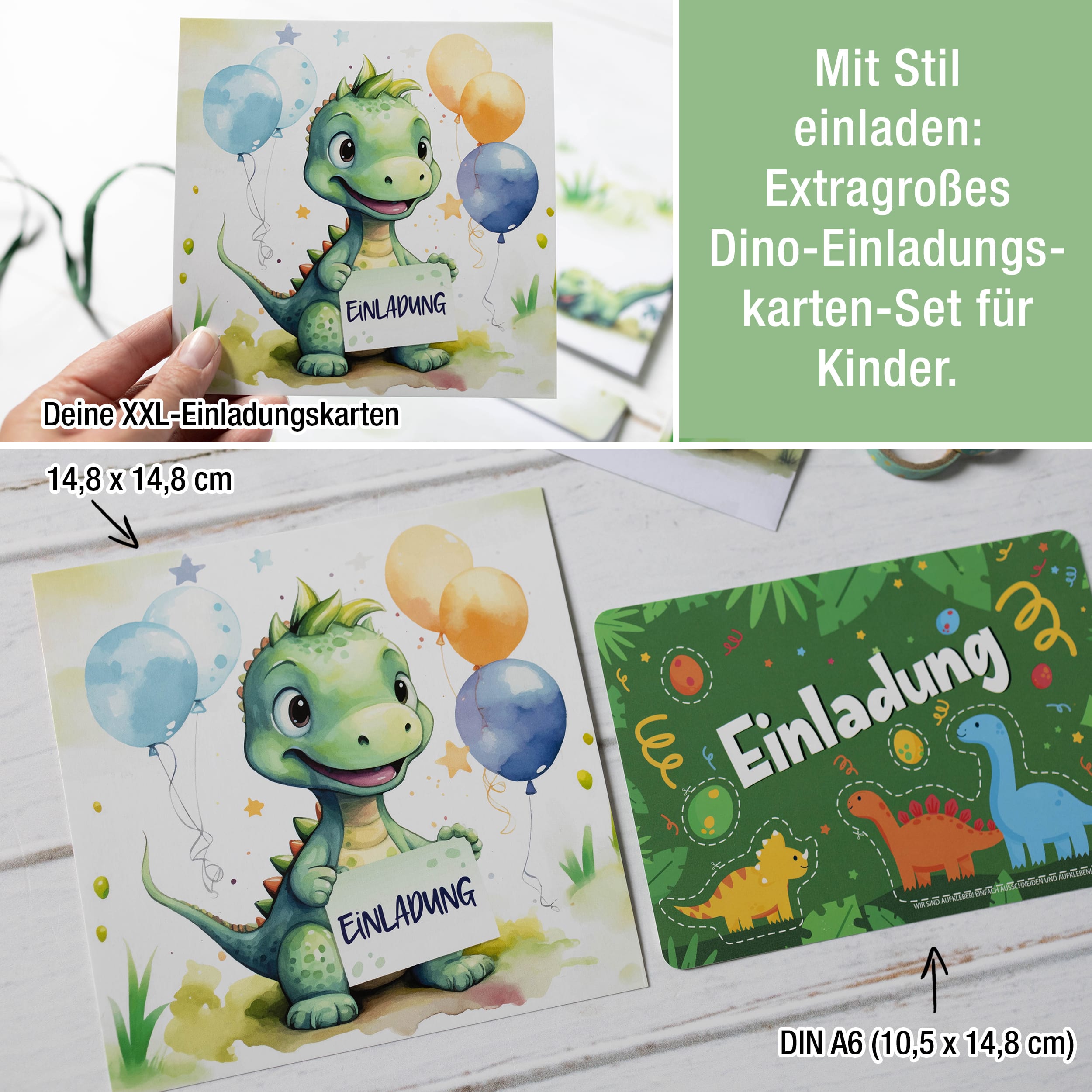 Einladungskarten Dino inkl. Sticker 10er Set