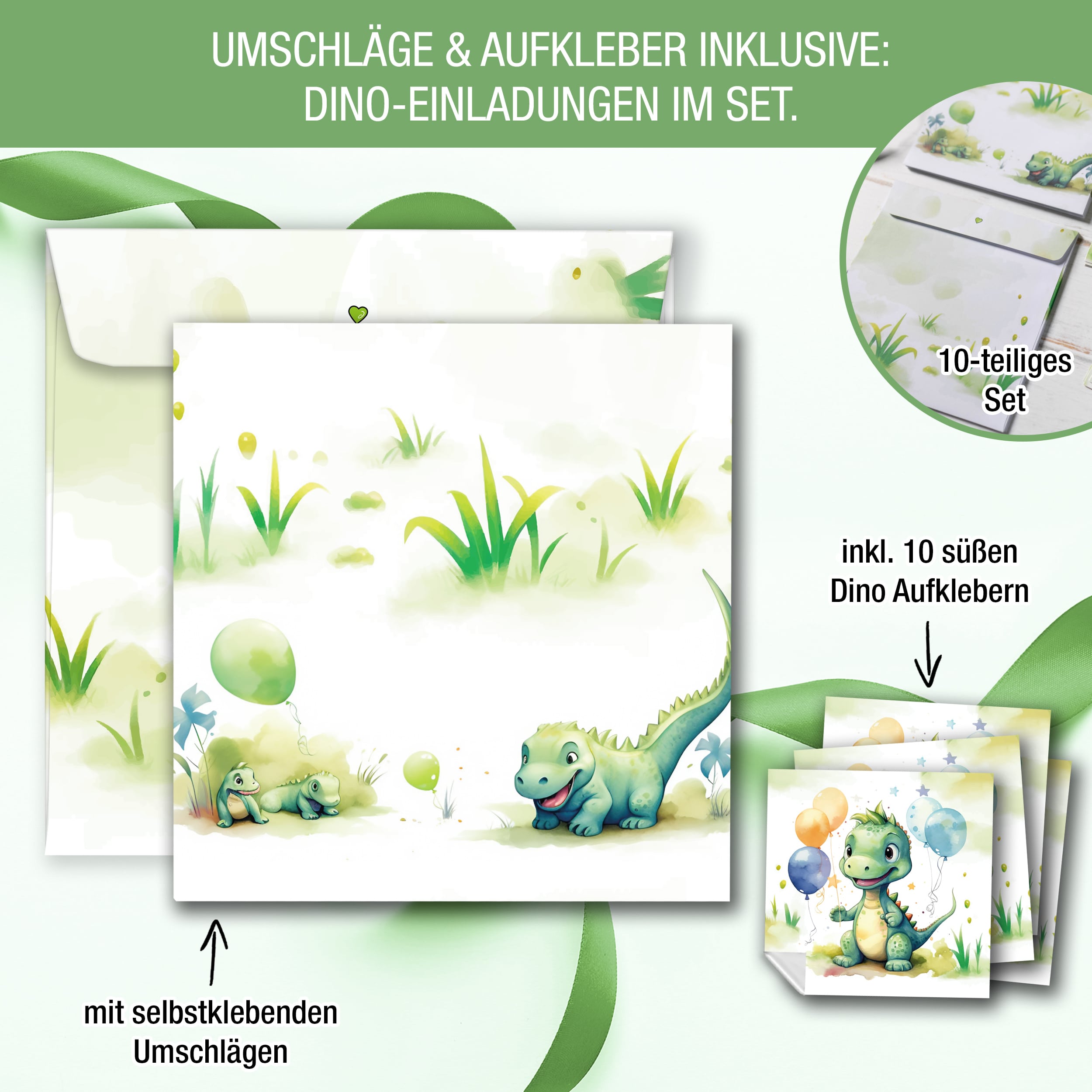 Einladungskarten Dino inkl. Sticker 10er Set