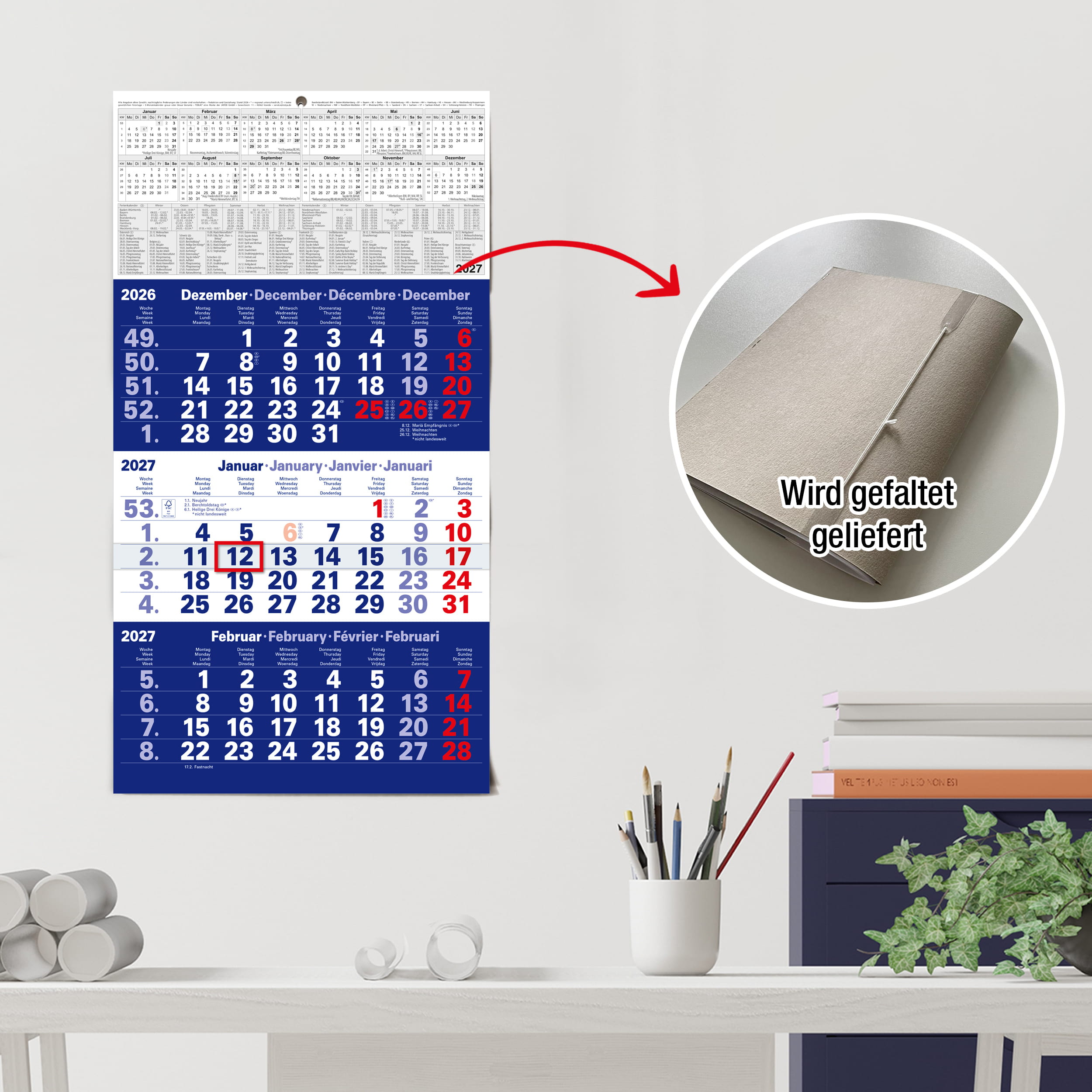 3-Monatskalender 2027 Blau 30x56