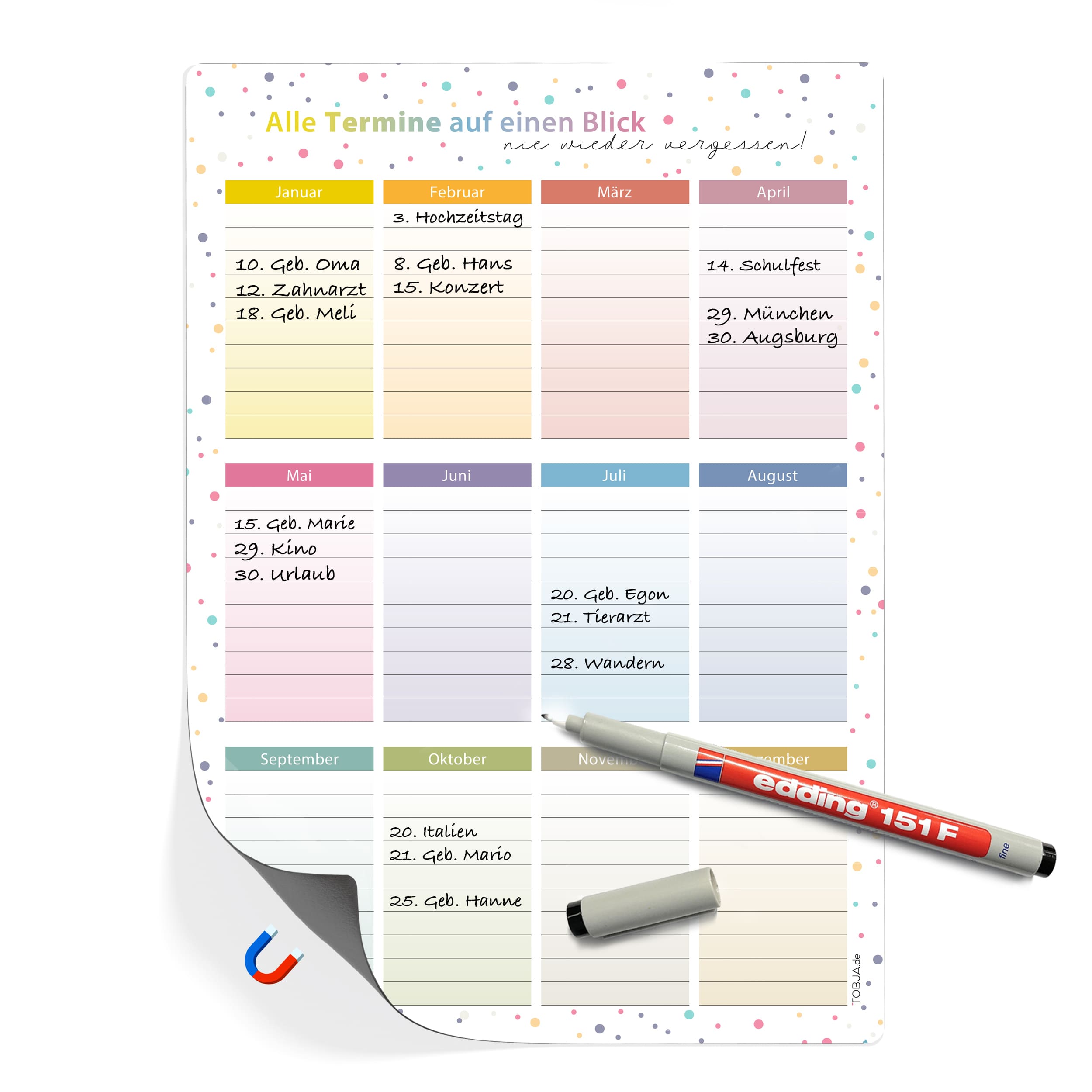 A4 Immerwährender Geburtstagskalender Dots magnetisch [inkl Stift] abwischbar Geburtstagskalender
