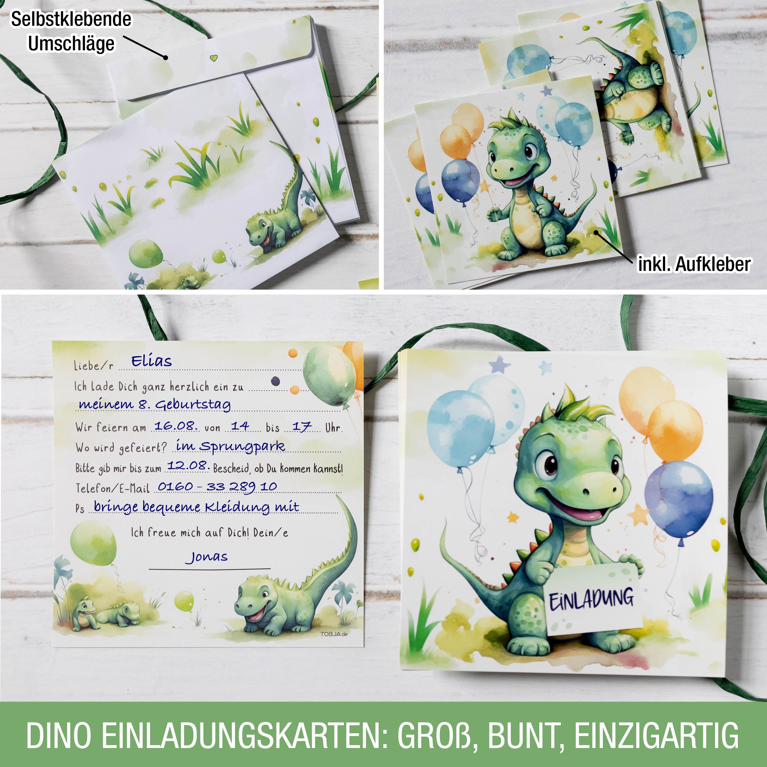 Einladungskarten Dino inkl. Sticker 10er Set
