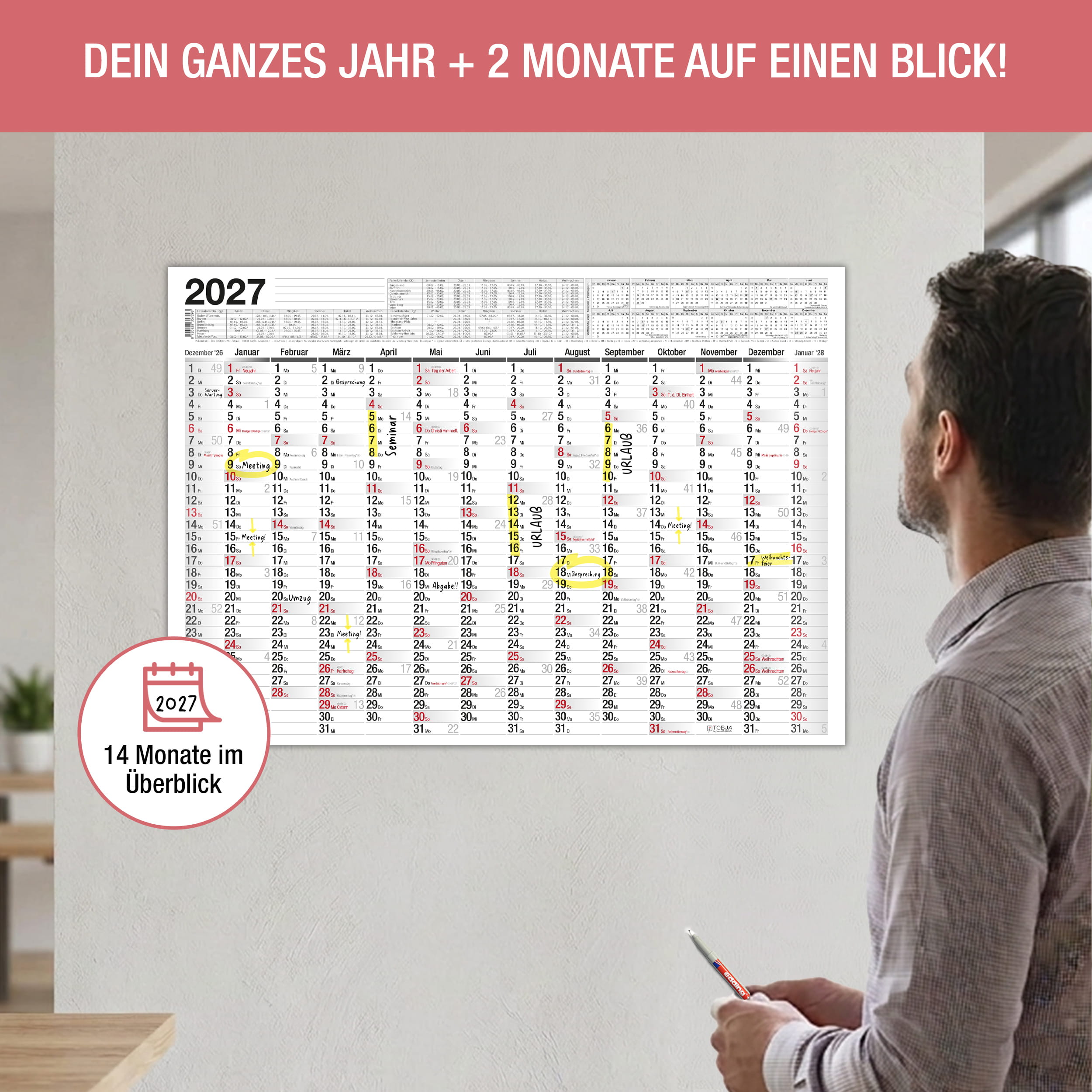 A2 abwischbar Plakatkalender 2027 inkl. 1 Stift