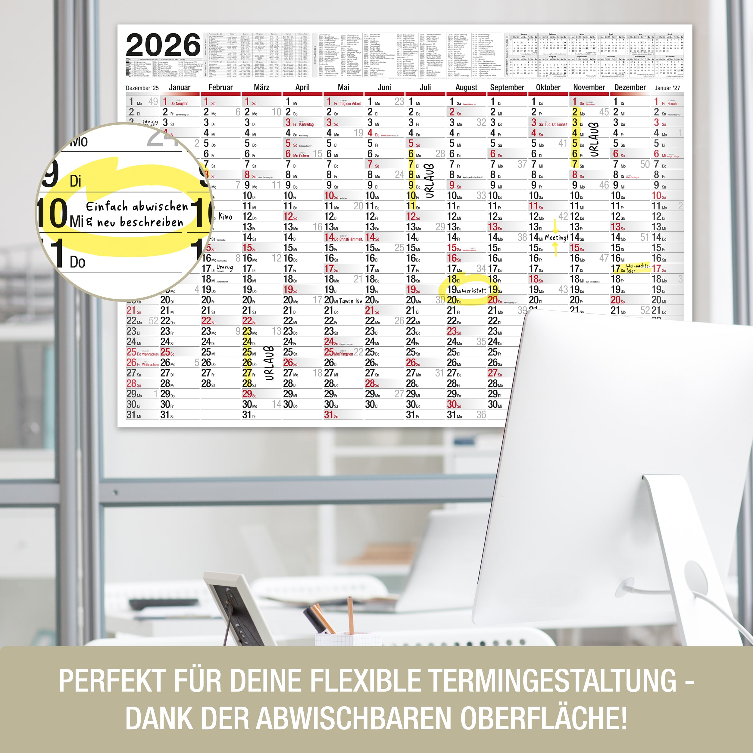 Wandkalender 2026 "Big Planer" [abwischbar] Kalender + 1 Stift