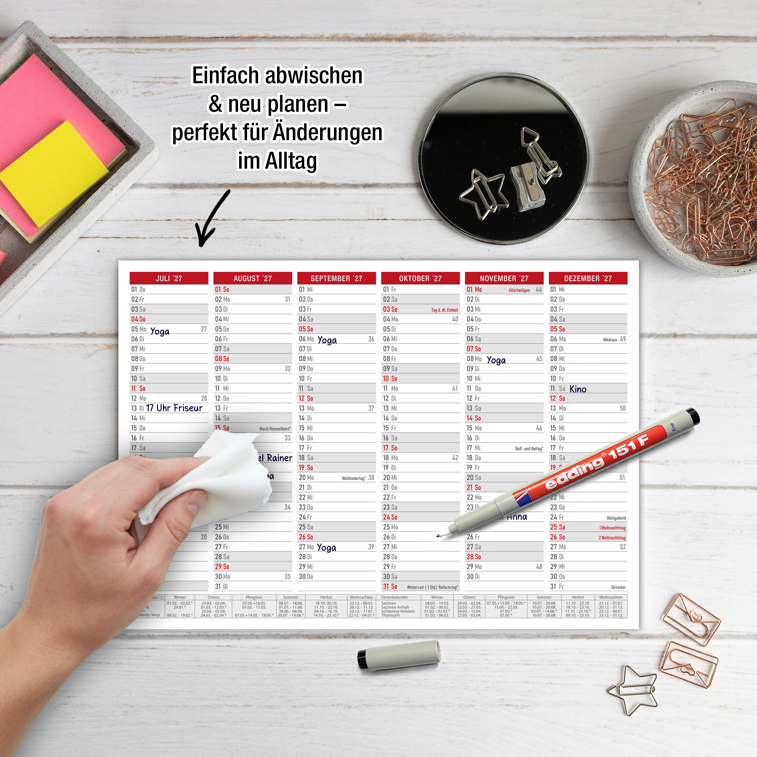 Abwischbarer A4 Tafelkalender 2026 "Rot"  Kalender inkl 1 Stift