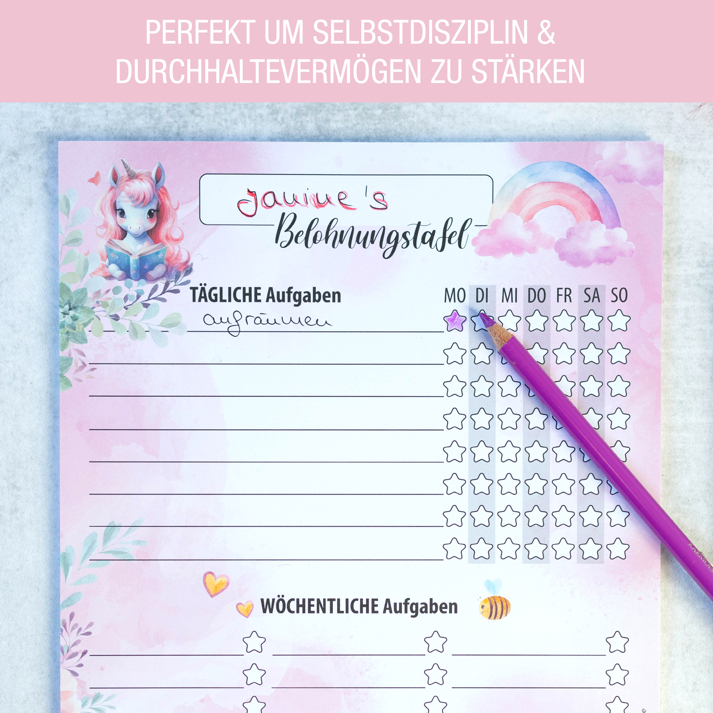 Belohnungstafel Kinder 25 Blatt Einhorn