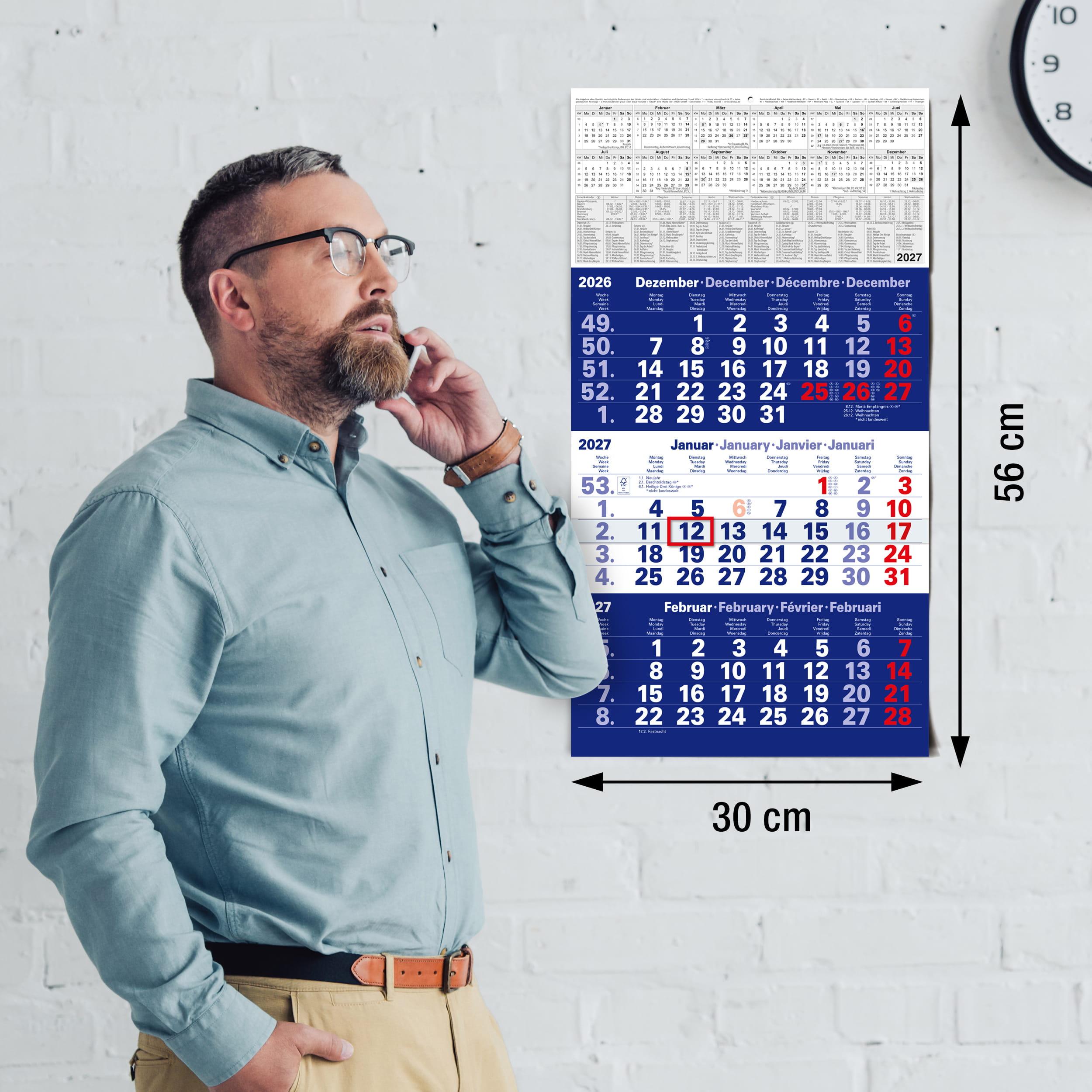 3-Monatskalender 2027 Blau 30x56