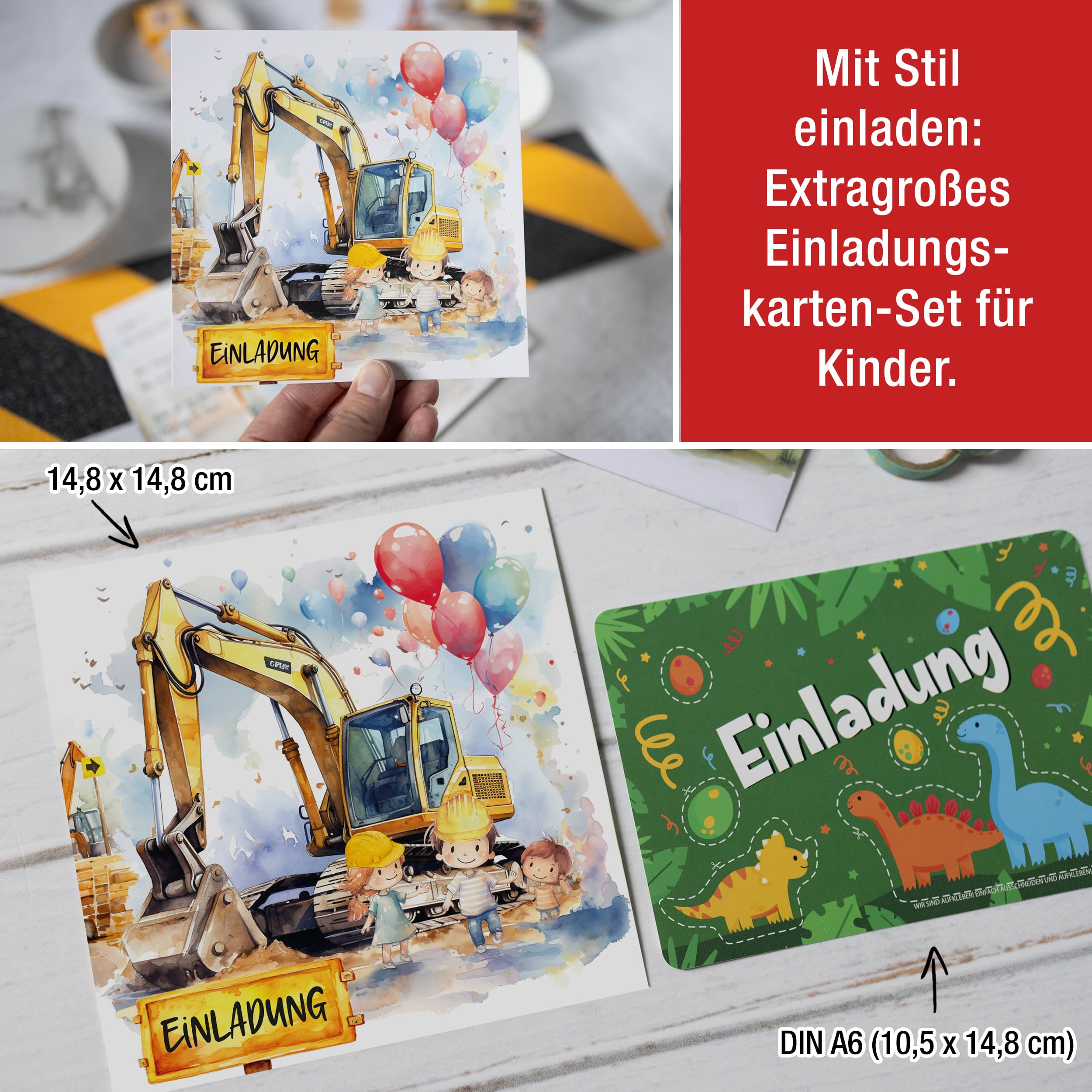 Einladungskarten Bagger inkl. Sticker 10er Set