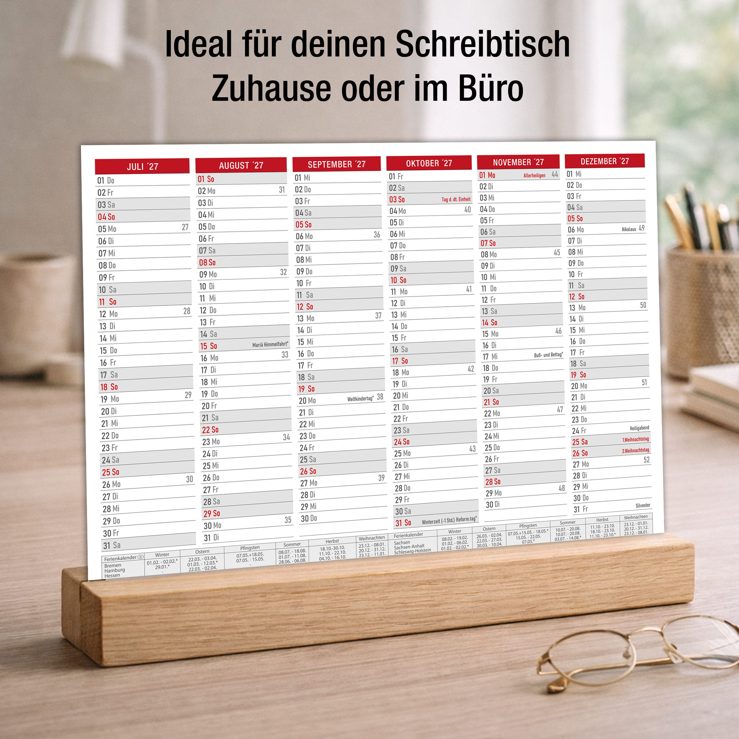 Abwischbarer A4 Tafelkalender 2026 "Rot"  Kalender inkl 1 Stift
