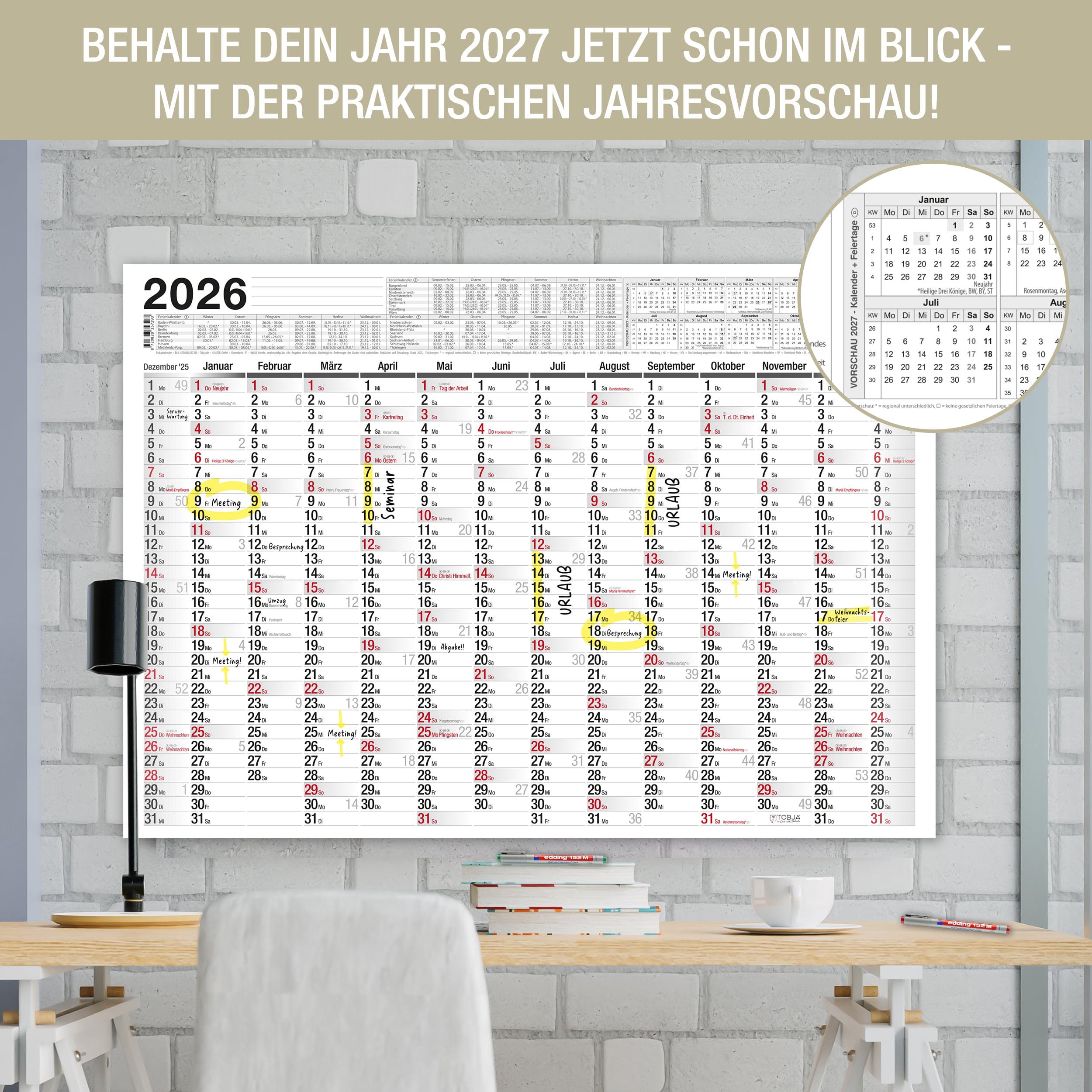 Abwischbarer Wandkalender 2026 A2 inkl. 1 Markenstift