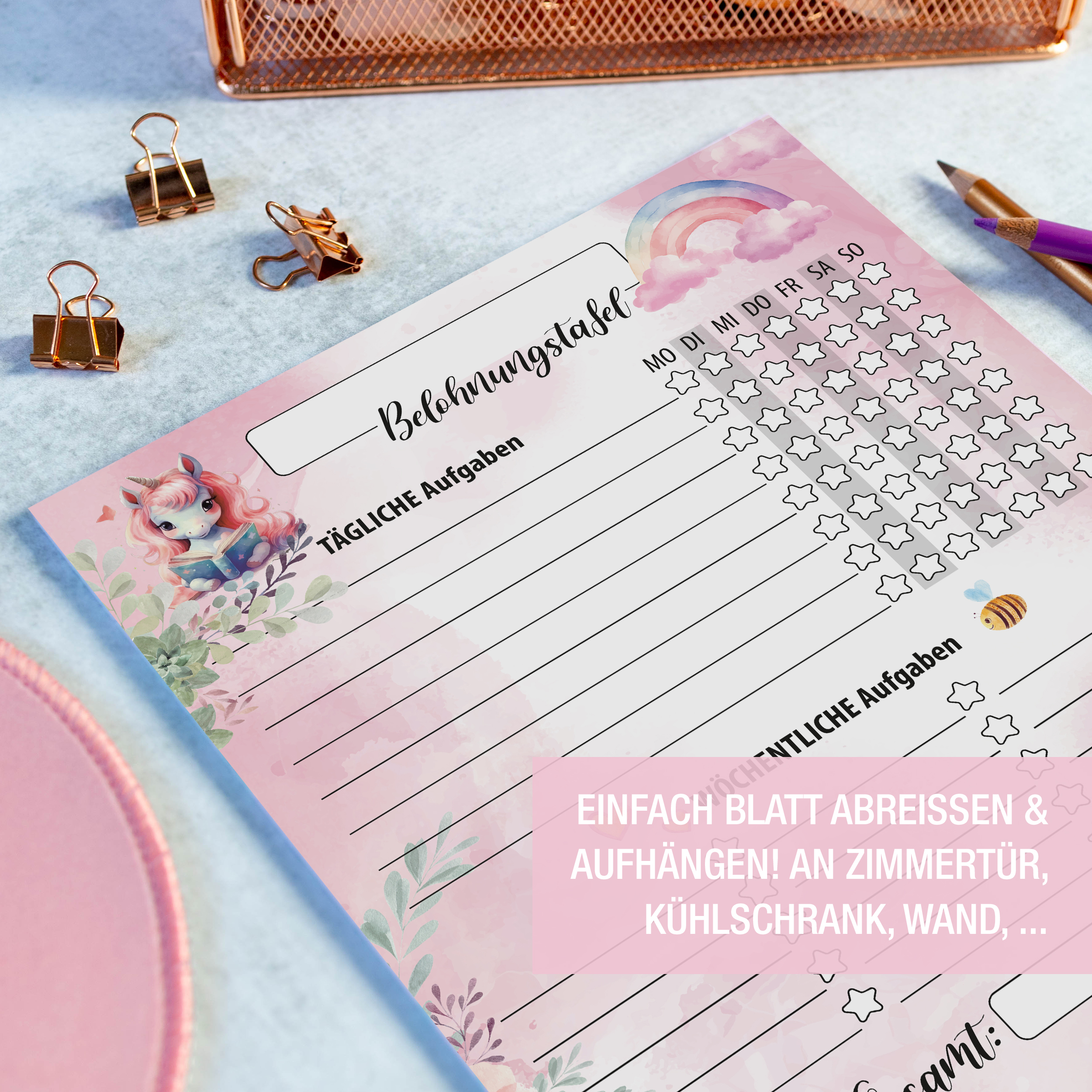 Belohnungstafel Kinder 25 Blatt Einhorn