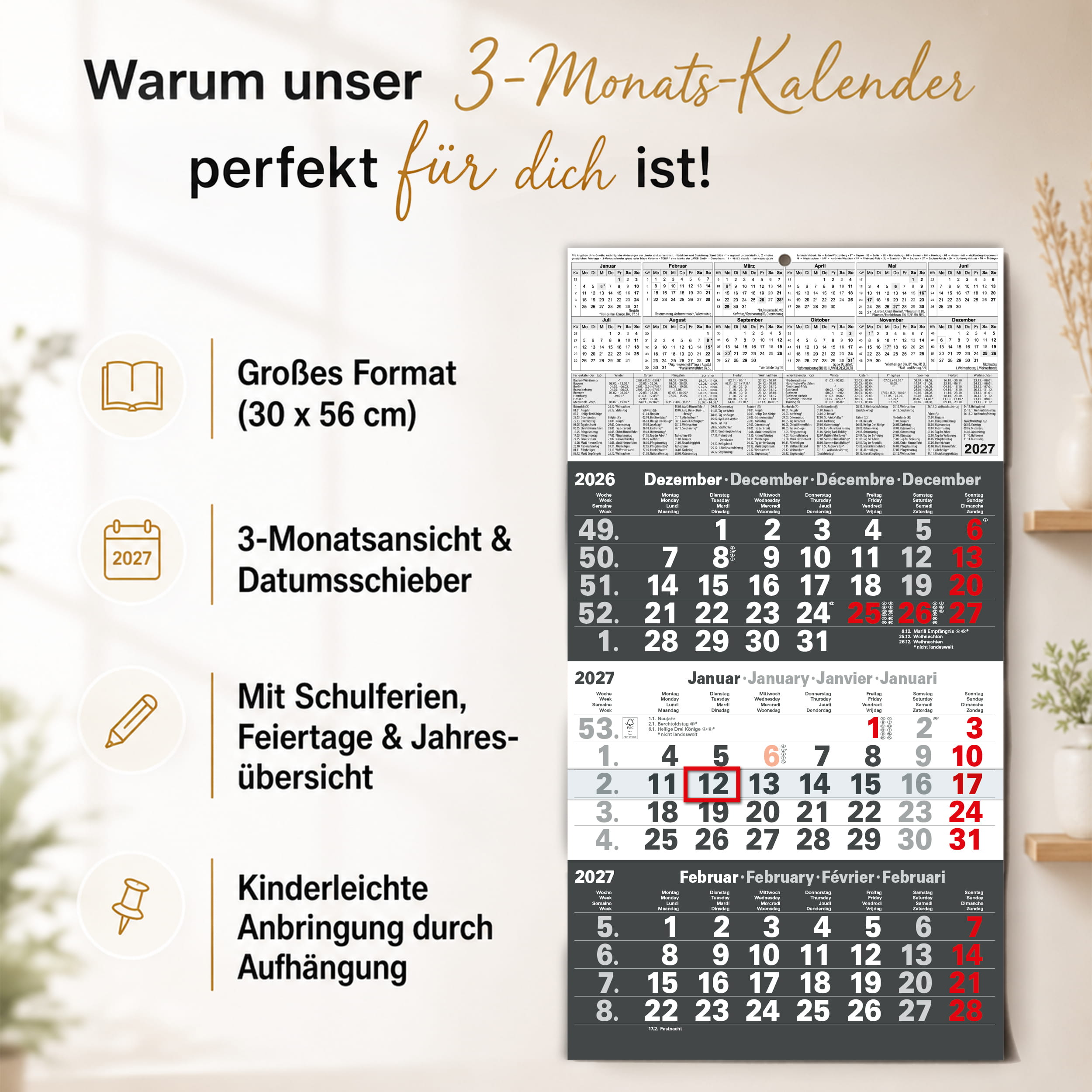 3-Monatskalender 2027 Anthrazit 30x56