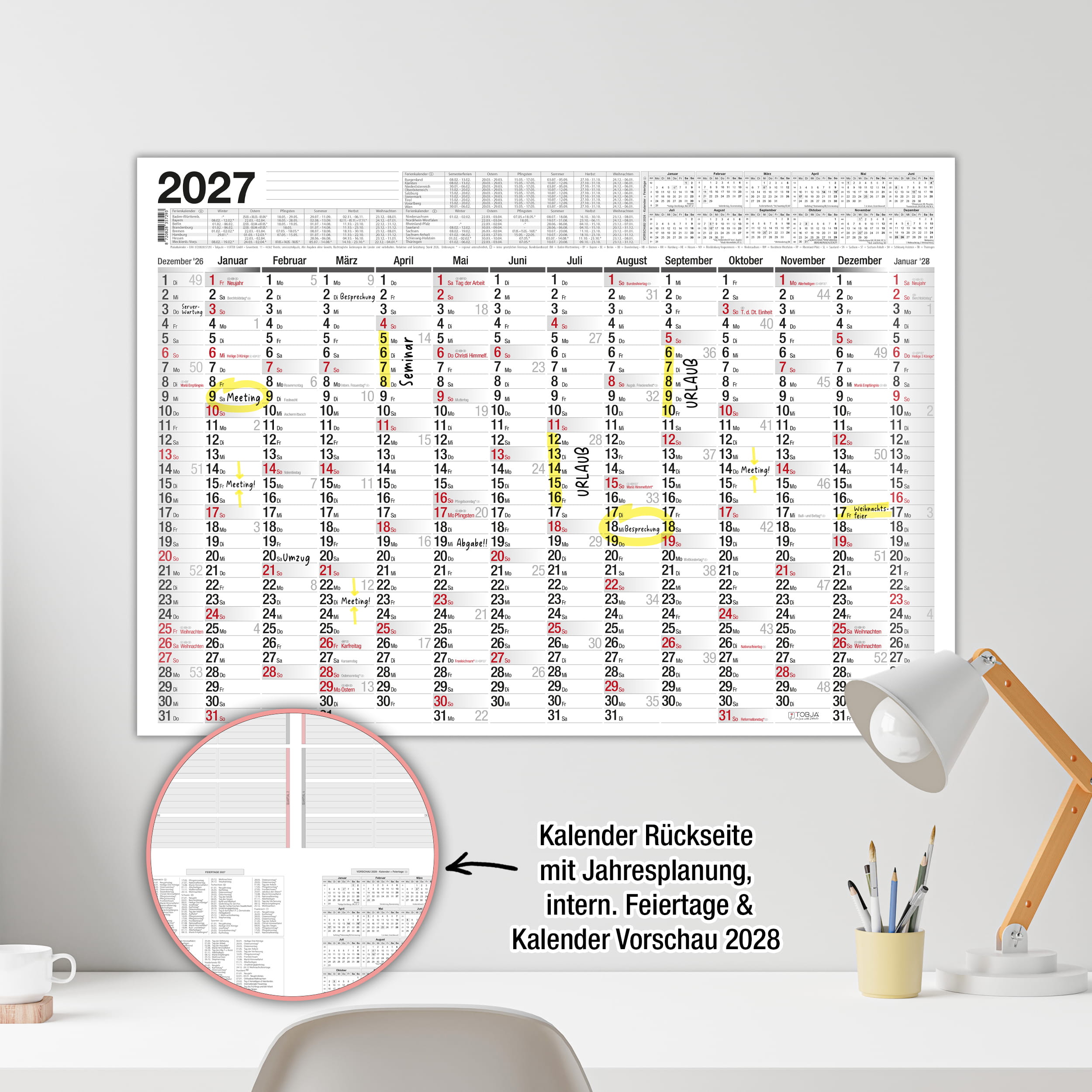A2 abwischbar Plakatkalender 2027 inkl. 1 Stift