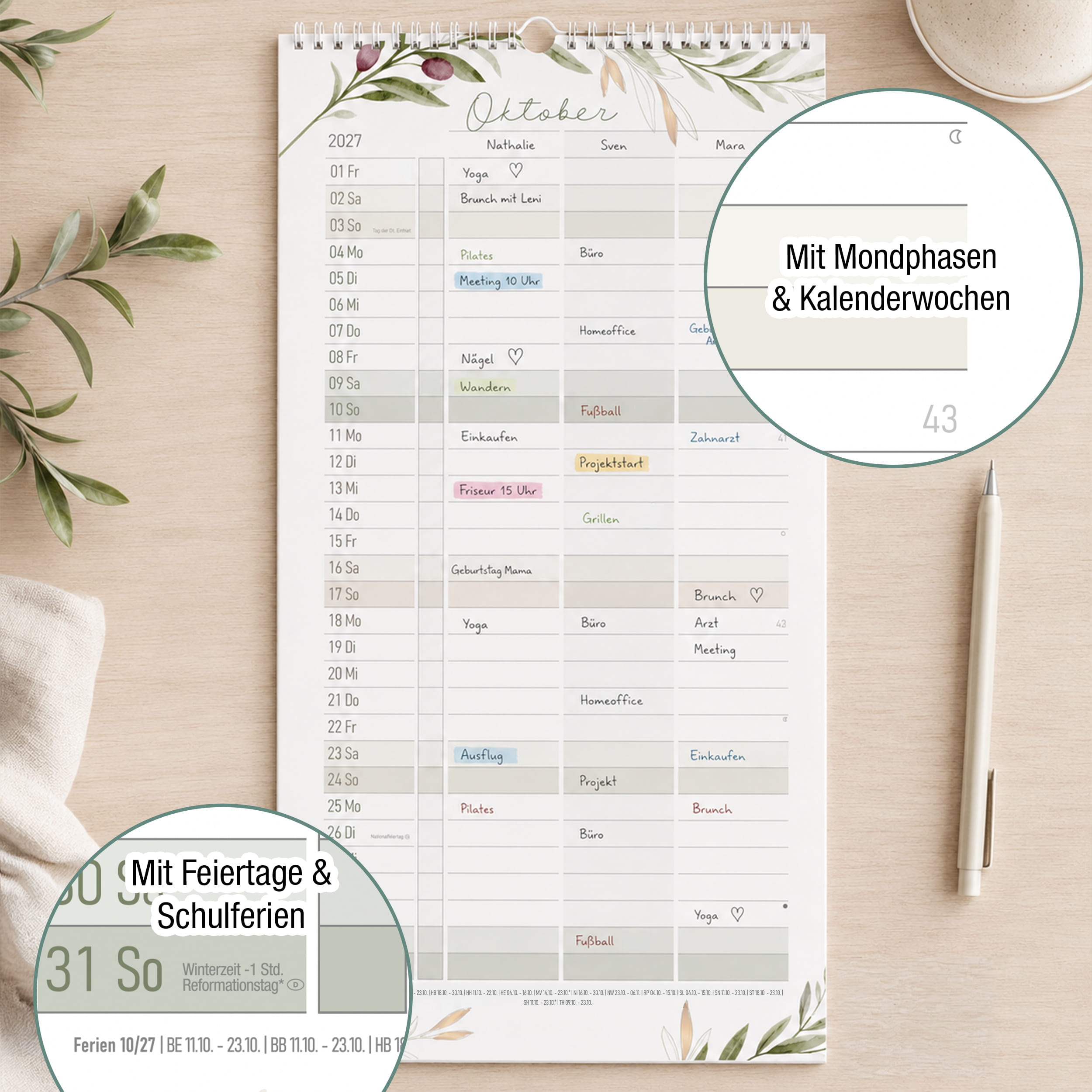 Paarkalender 2027 Olive – 3 Spalten Paarplaner