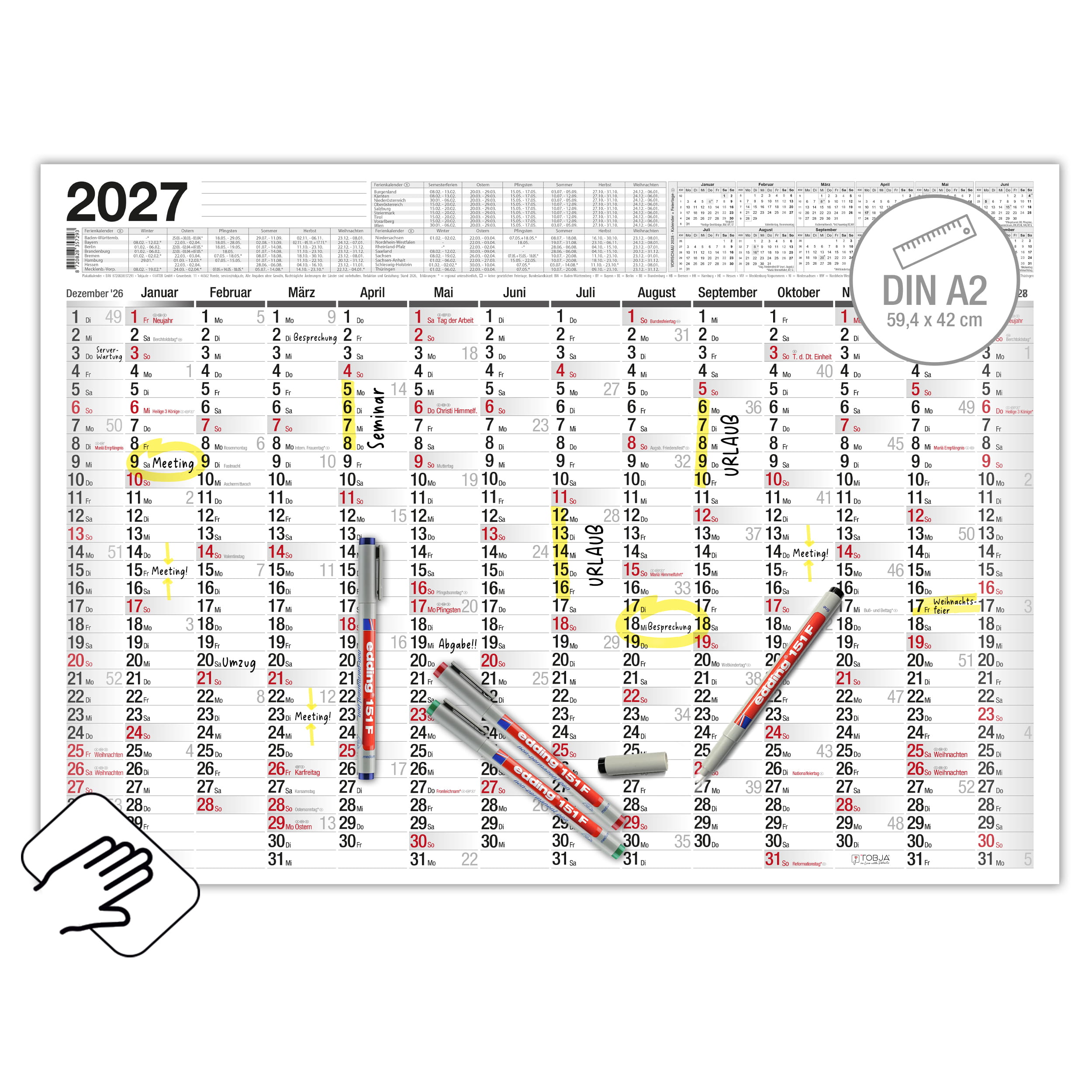 A2 Wandkalender 2027 Abwischbar mit Edding