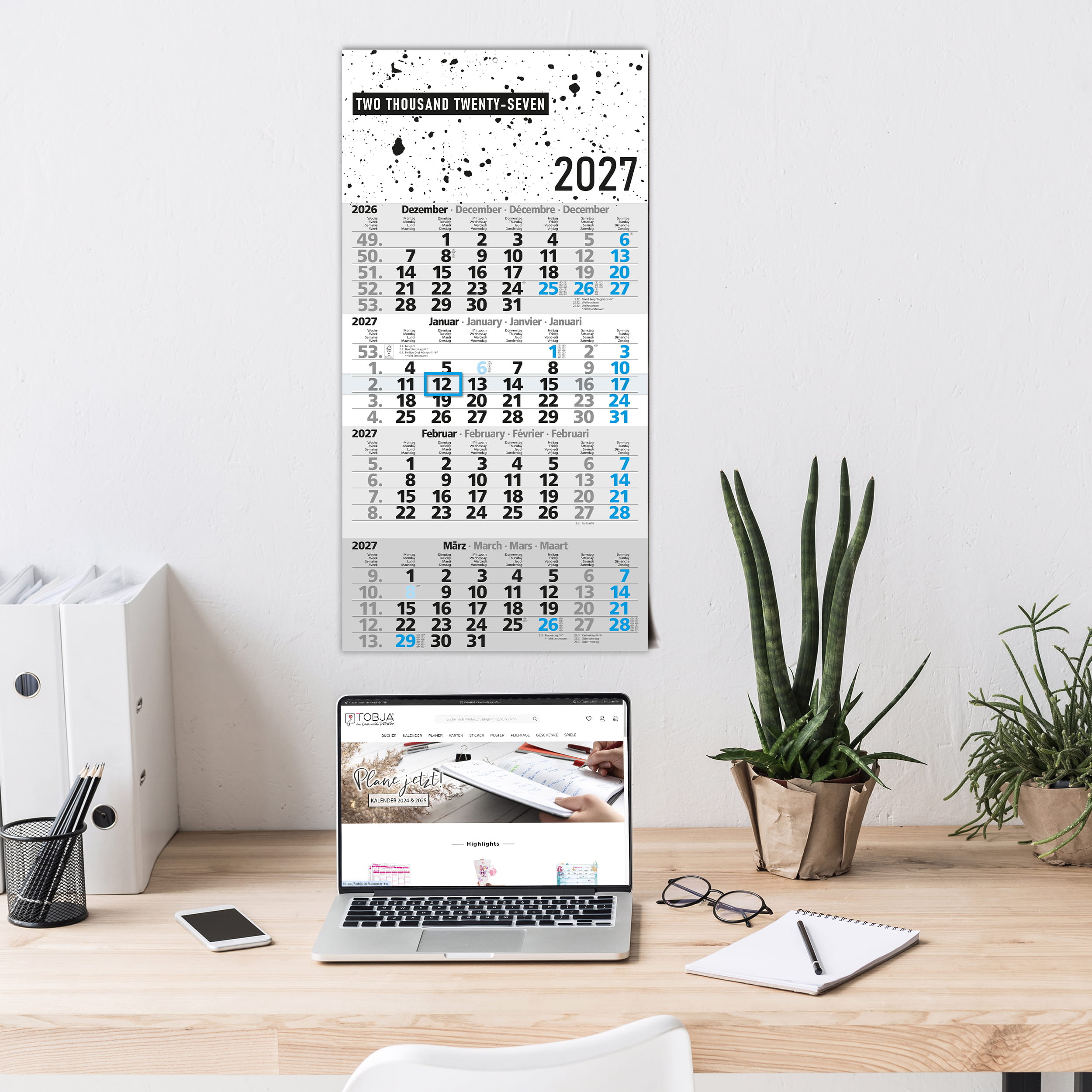 4-Monatskalender 2027 Design Splatter Blau