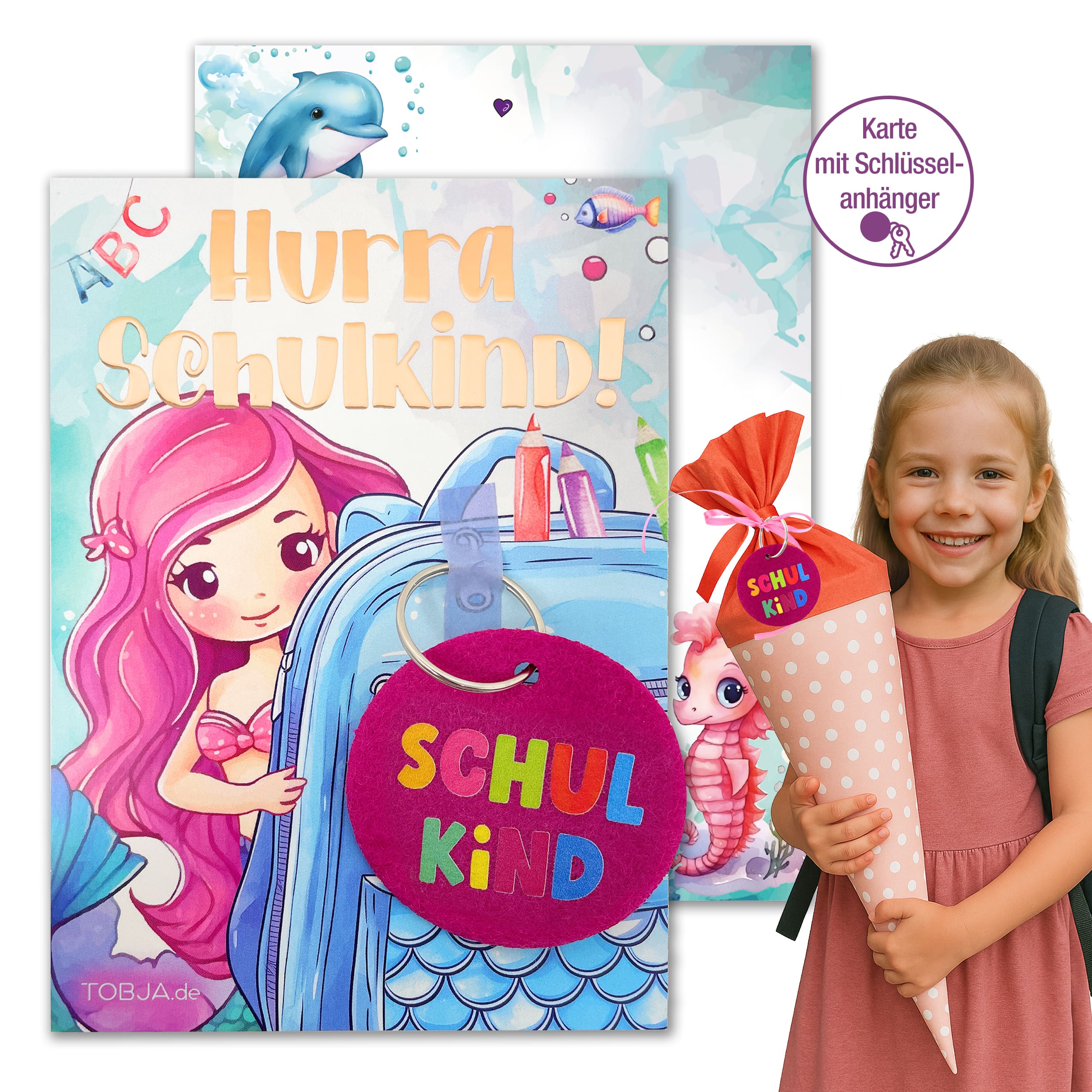 A6 Karte Glückwunsch Einschulung Meerjungfrau + Anhänger Ohne Name