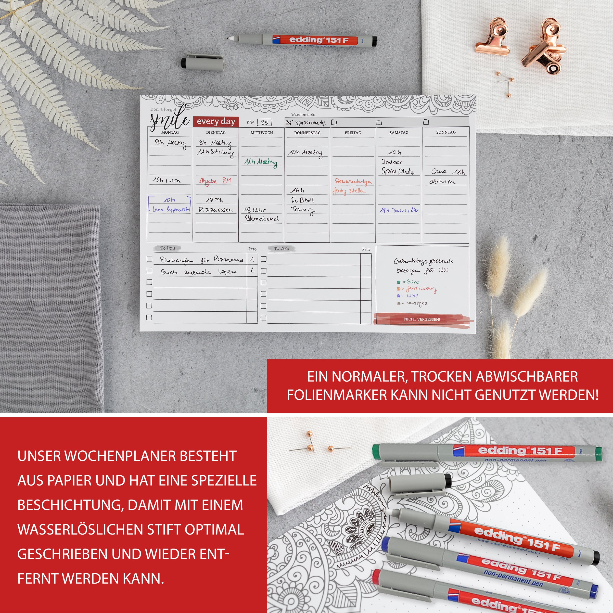Abwischbarer Wochenplaner inkl 4 Stifte