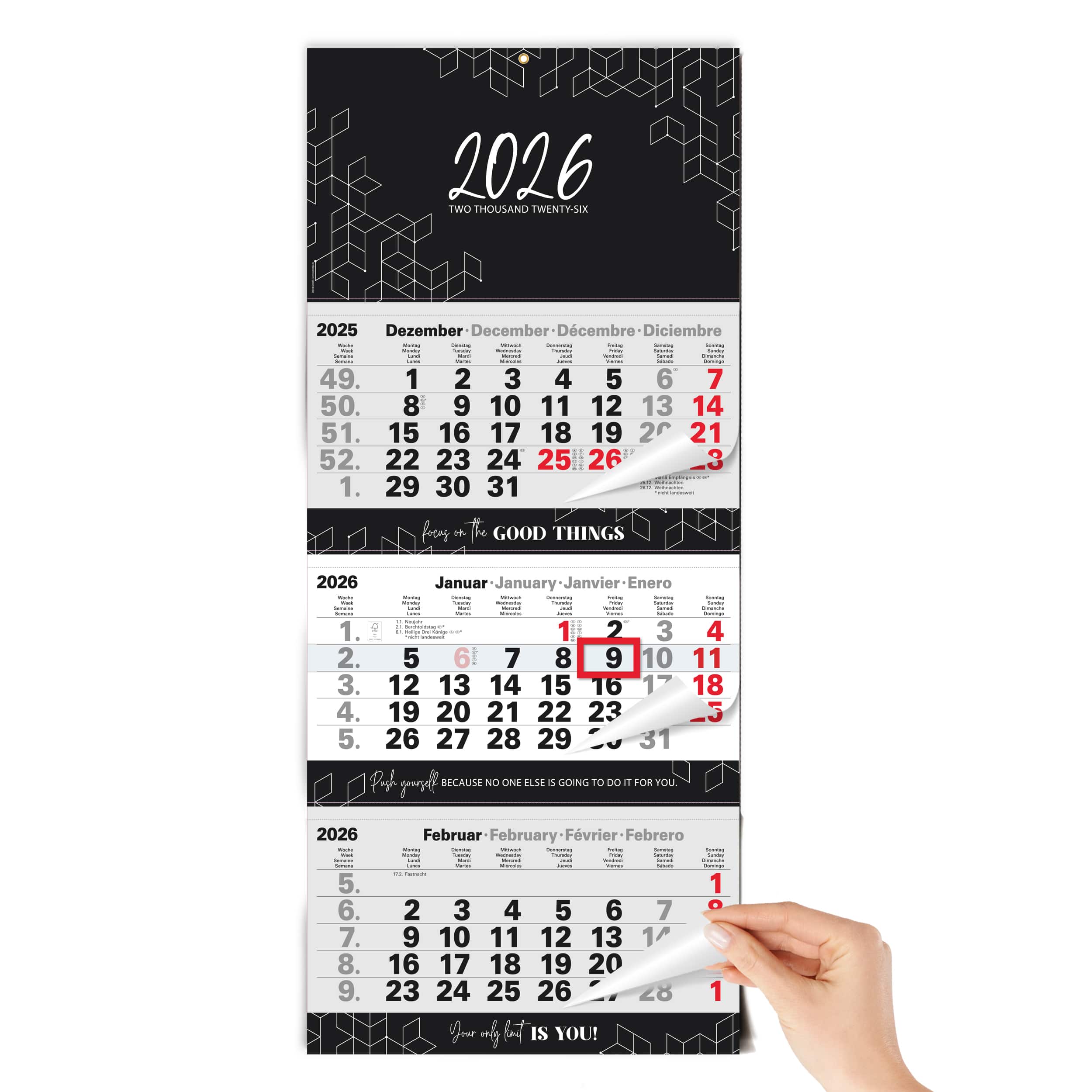 3-Monatskalender 2026 Block Schwarz