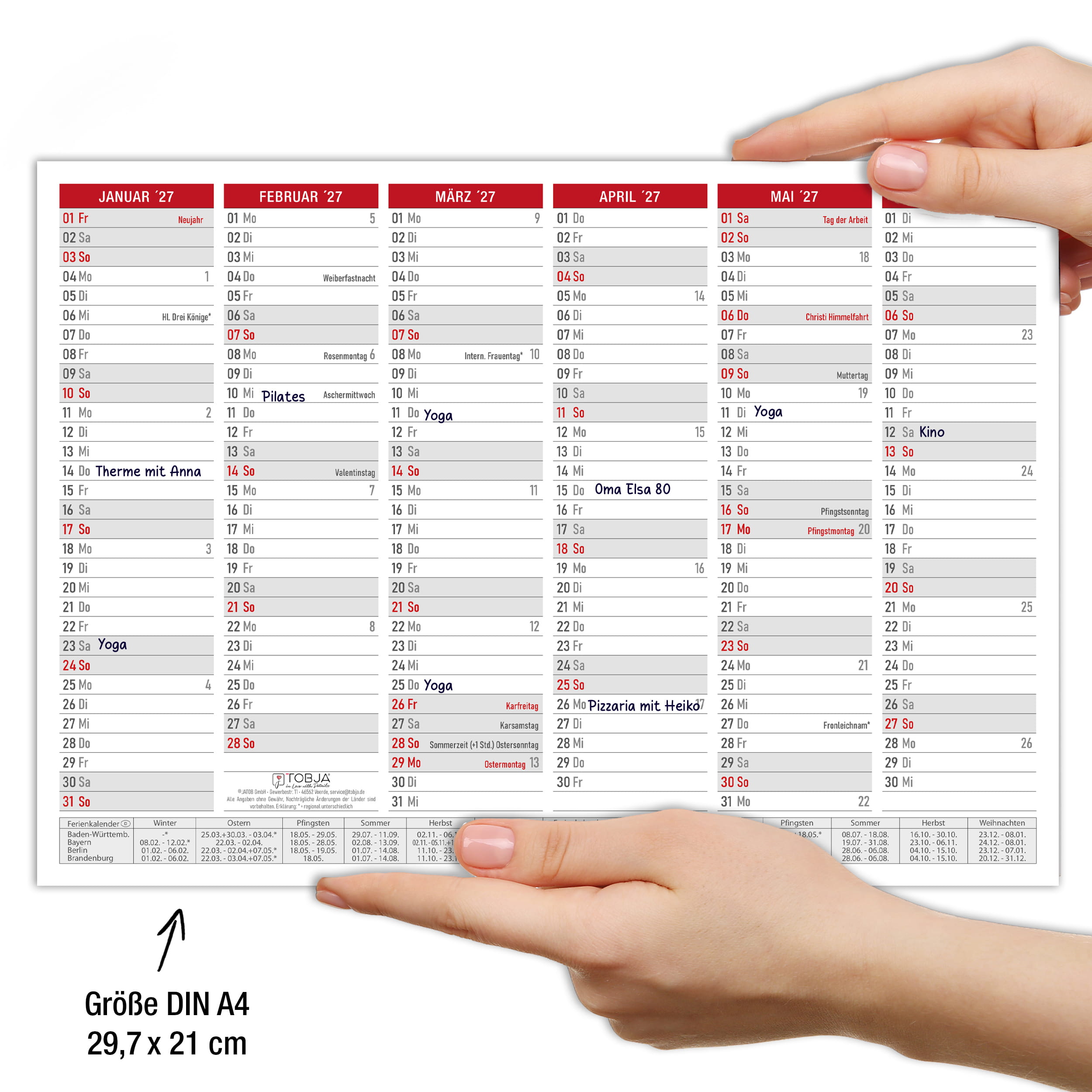 Abwischbarer A4 Tafelkalender 2026 "Rot"  Kalender inkl 1 Stift