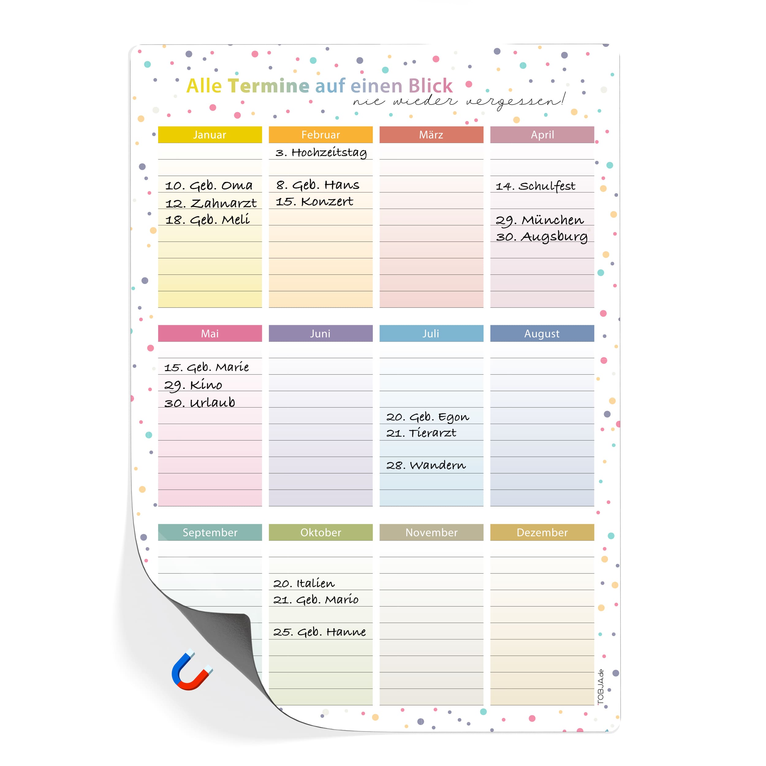 A4 Immerwährender Geburtstagskalender Dots magnetisch abwischbar Geburtstagskalender ohne Stift