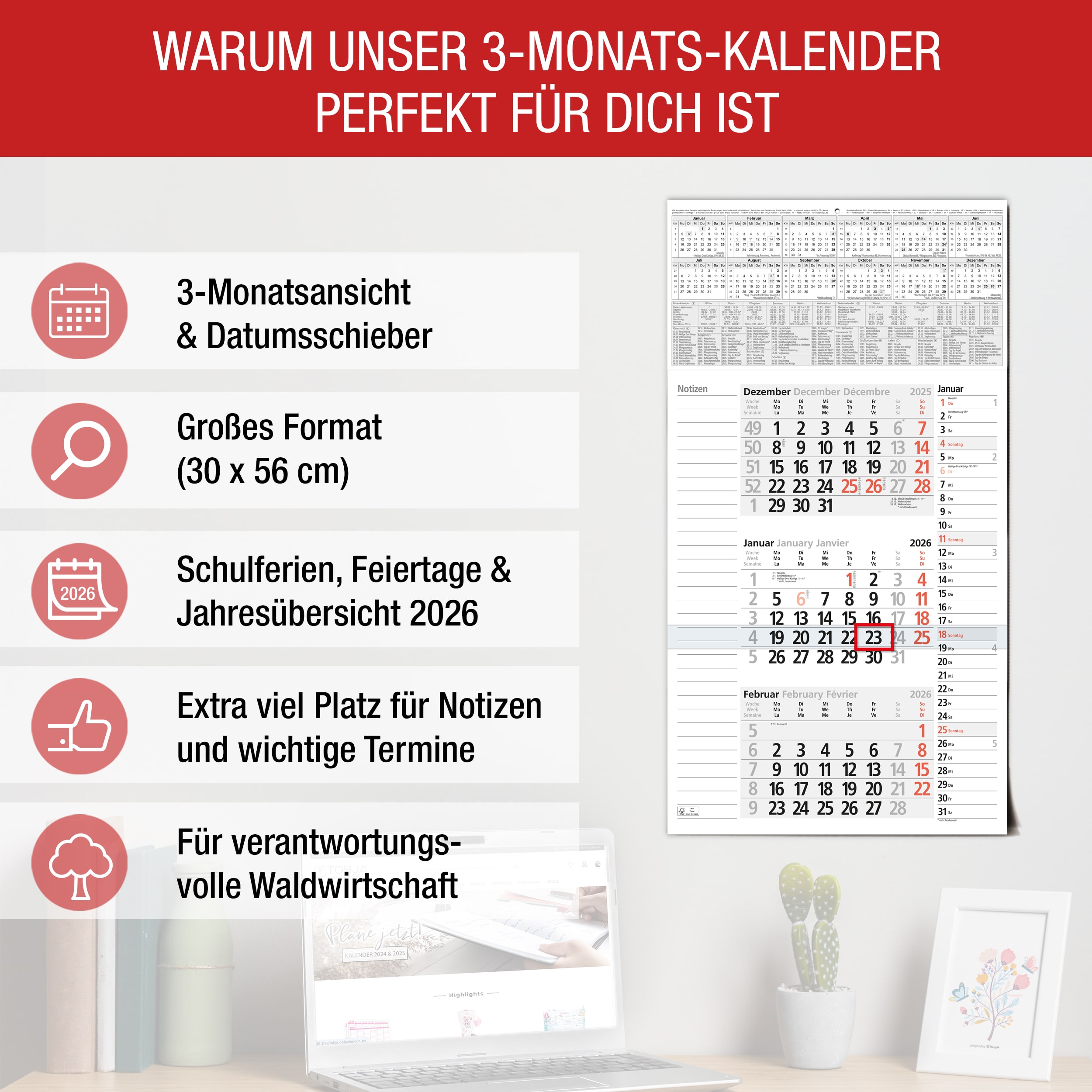 3-Monatskalender 2026 Notizen