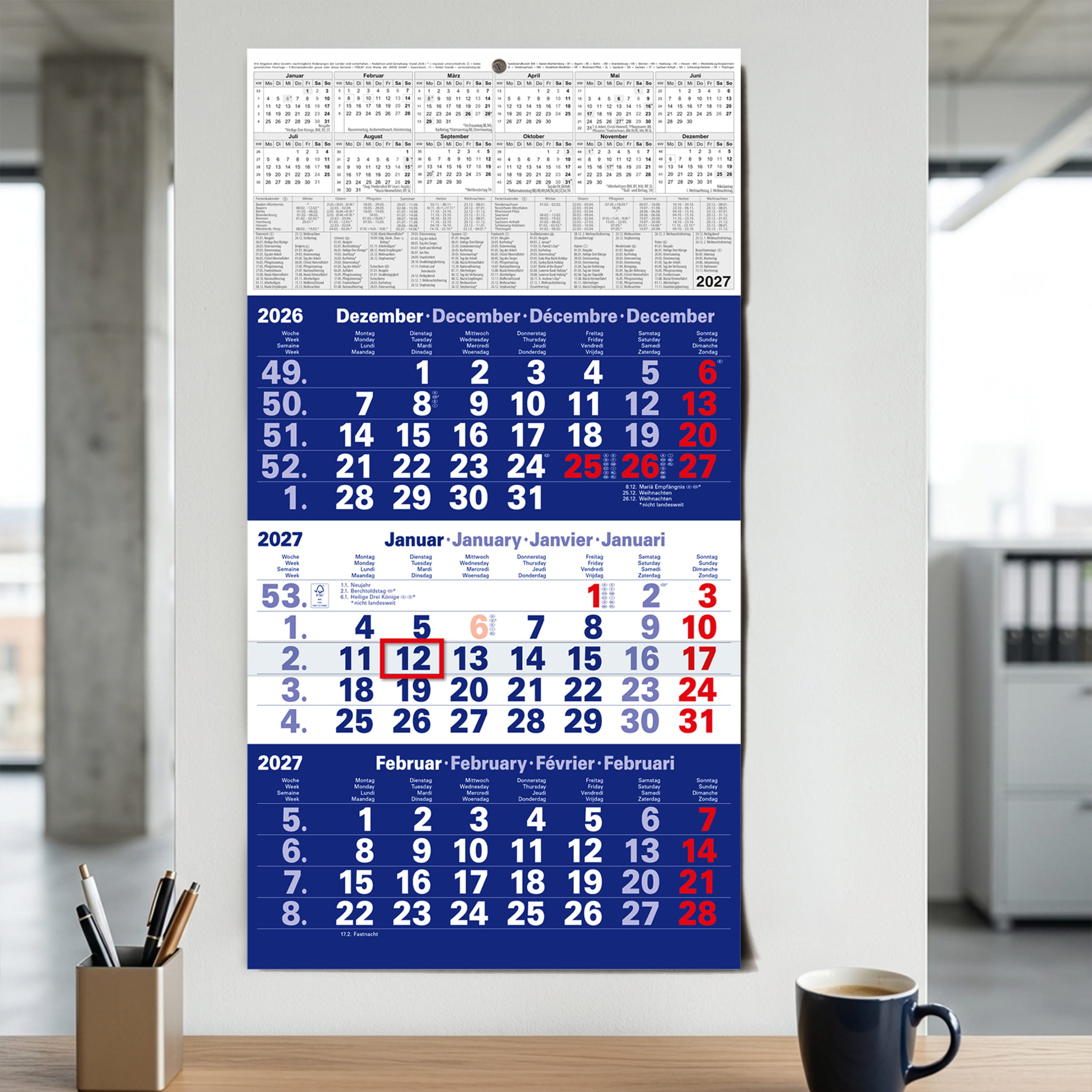 3-Monatskalender 2027 Blau 30x56