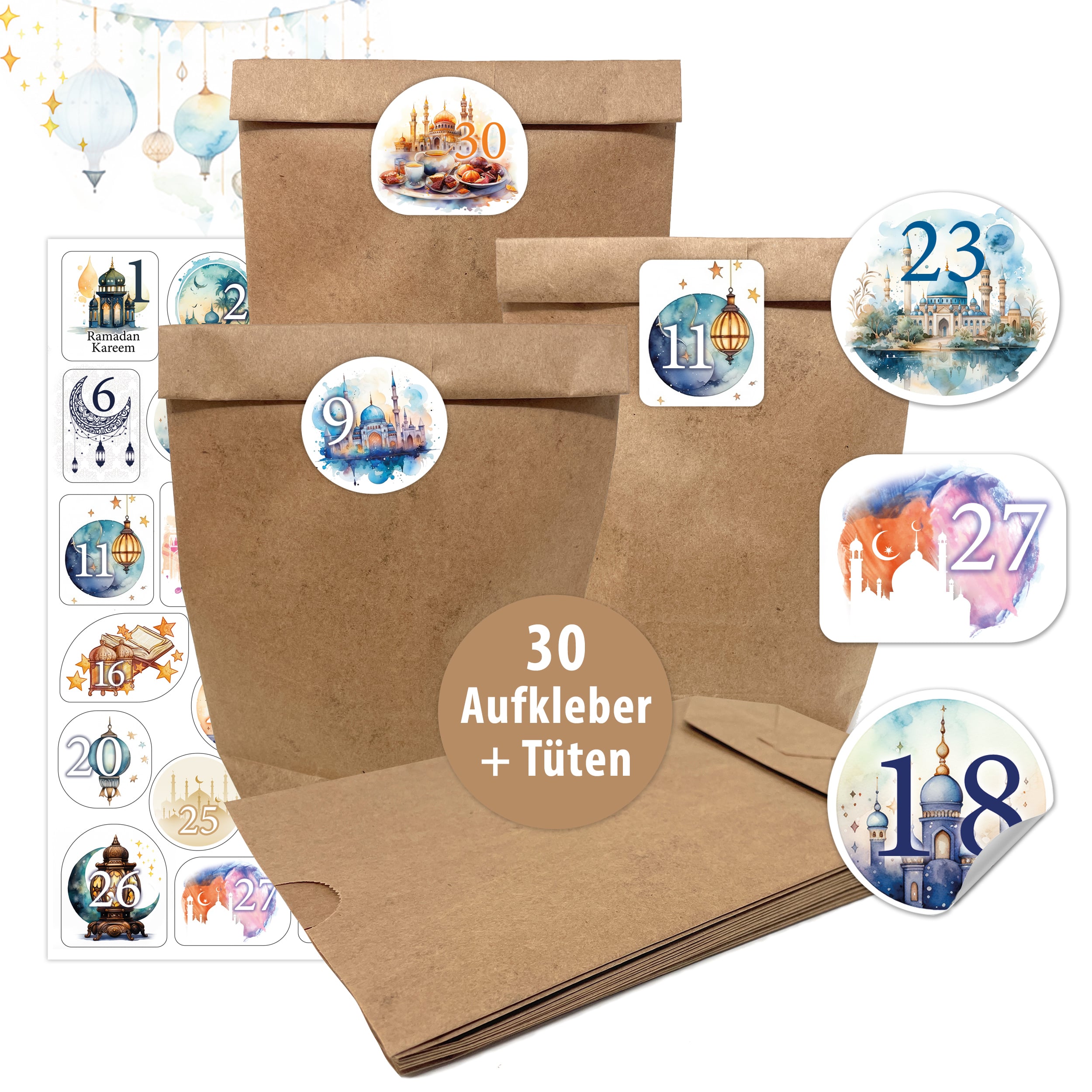 Ramadan Kalender 30er Set mit Tüten & Stickern